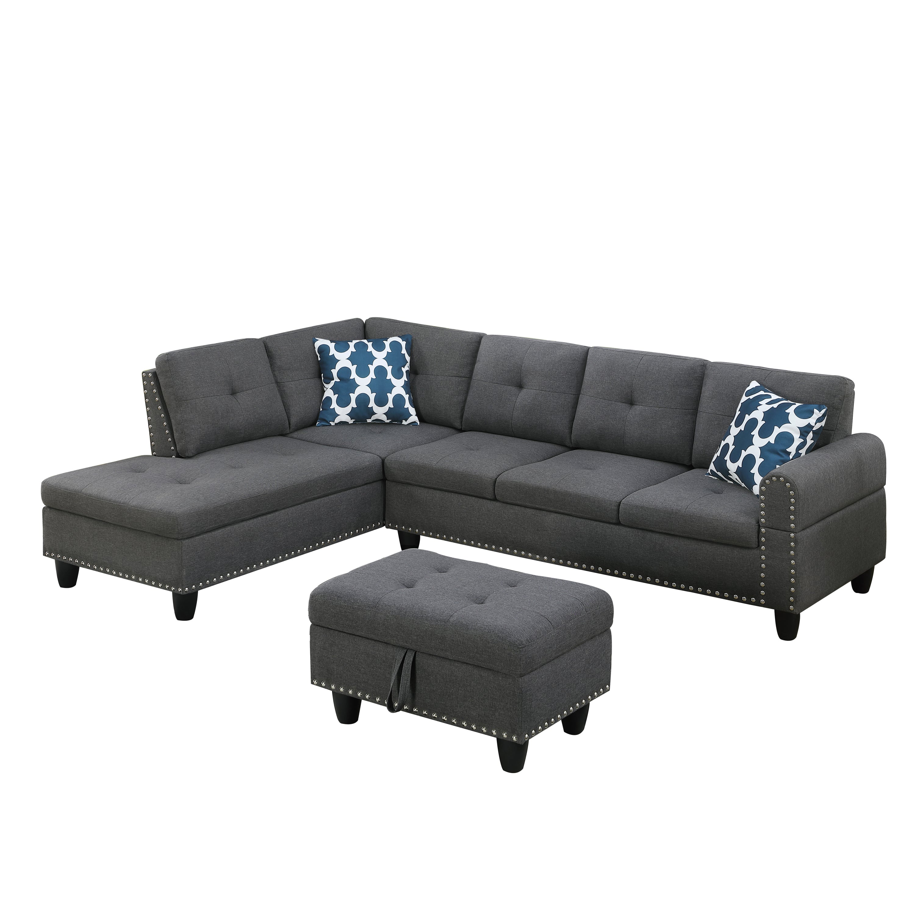 Alger Modern 98' Wide Left Hand Facing Sofa & Chaise with Ottoman in Dark Gray Linen - Grand Goldman Shop