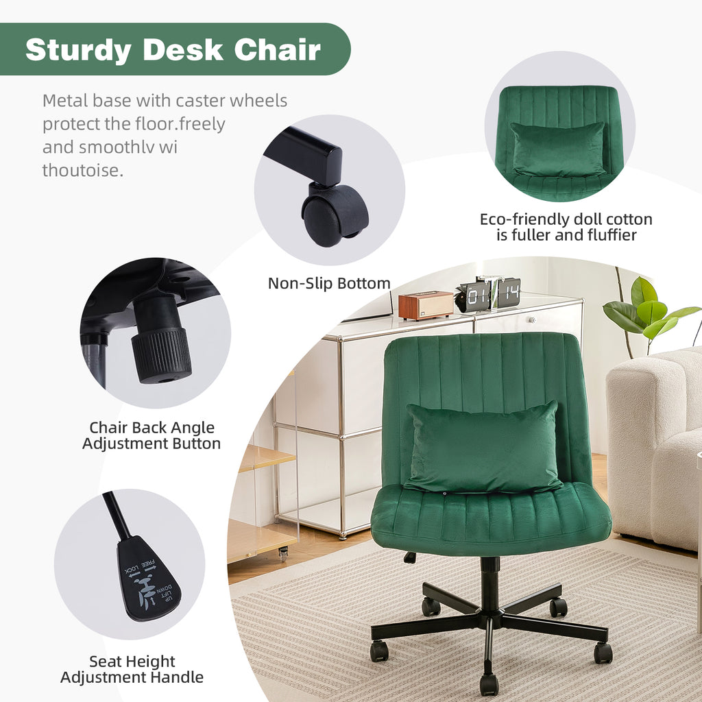 Green Velvet Criss Cross Armless Office Chair with Wheels - Comfortable & Stylish for Home Office, Meditation, and Makeup Use