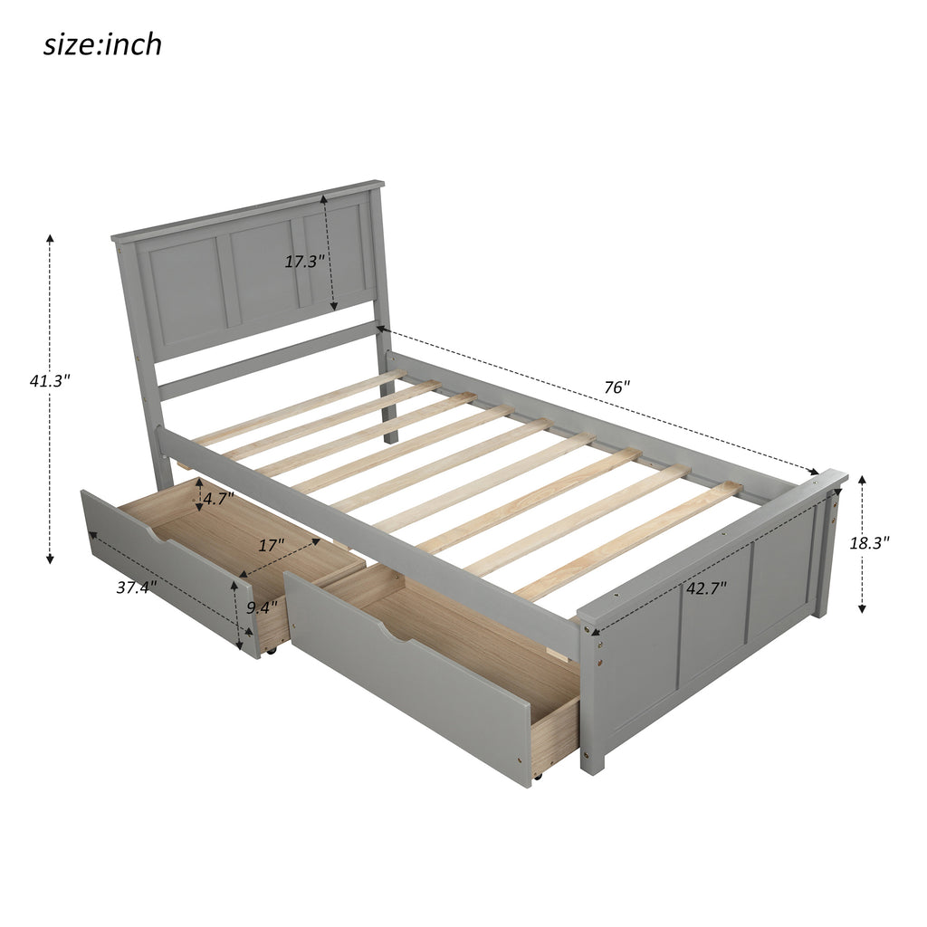 Gray Platform Storage Bed with 2 Wheels-Drawers, Twin Size Frame, Pine Wood and MDF Construction - Grand Goldman Shop
