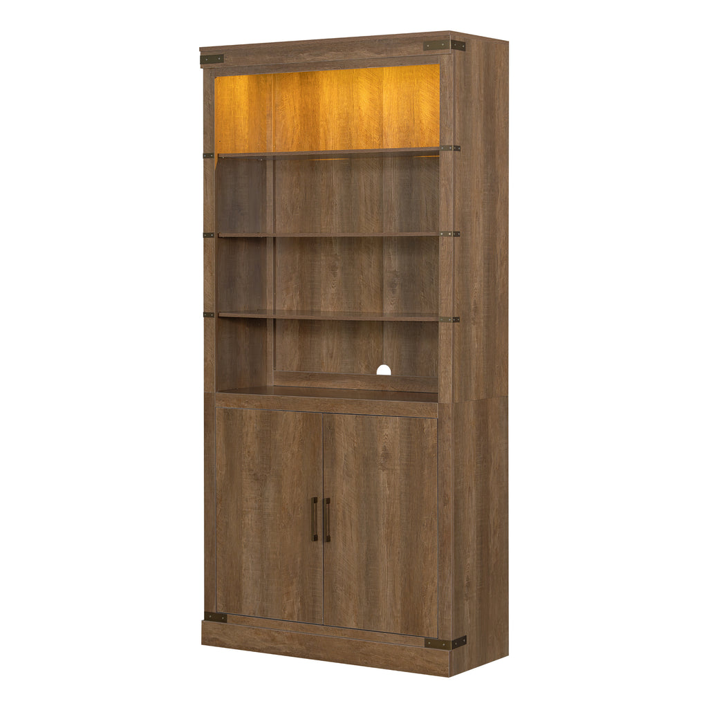83.4'Tall Modern Bookshelf with Doors, Farmhouse Bookcase with 3-Tier Adjustable Shelves, Display Shelves with LED Light,Larg