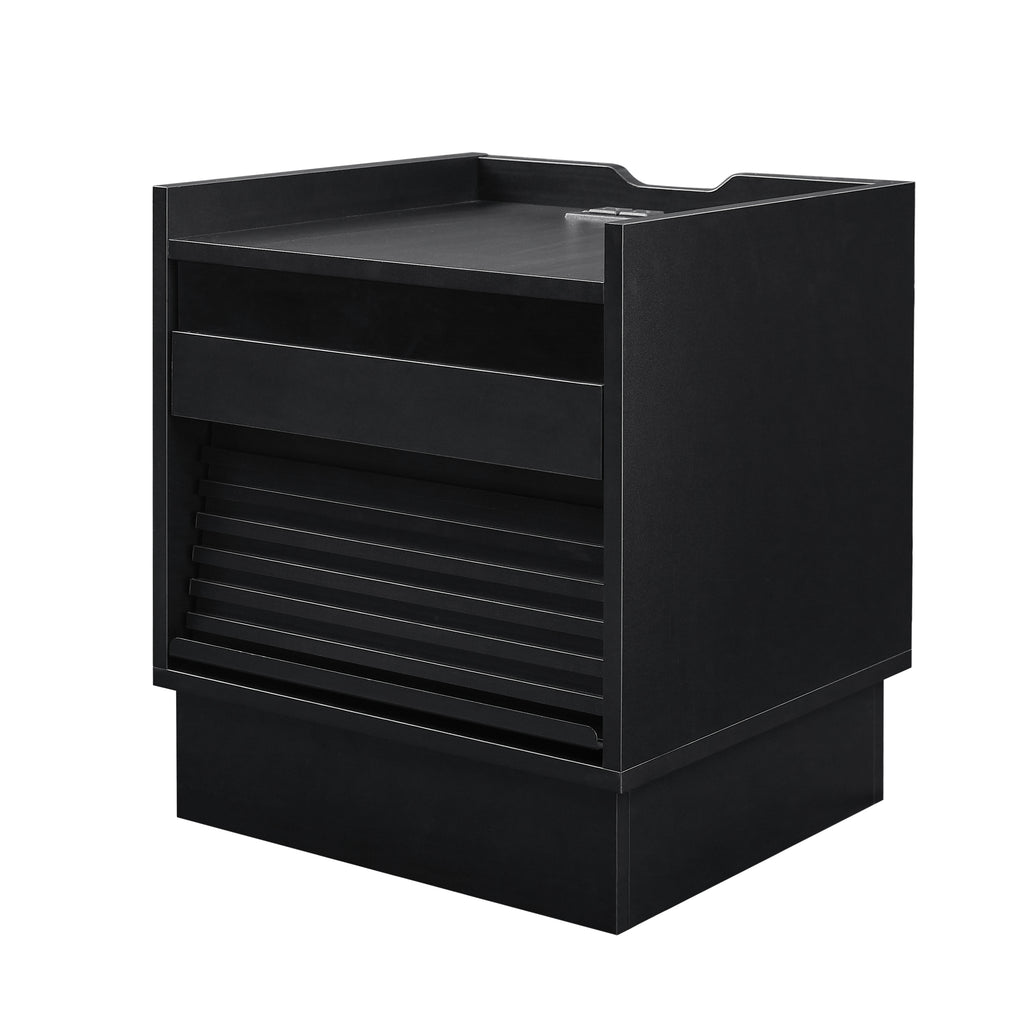Mid Century Modern Nightstand with Charging Station and LED lights, Night Stand with 2 Drawers, Bedside Tables/End Table for Bedroom or Living Room, Black - Grand Goldman Shop