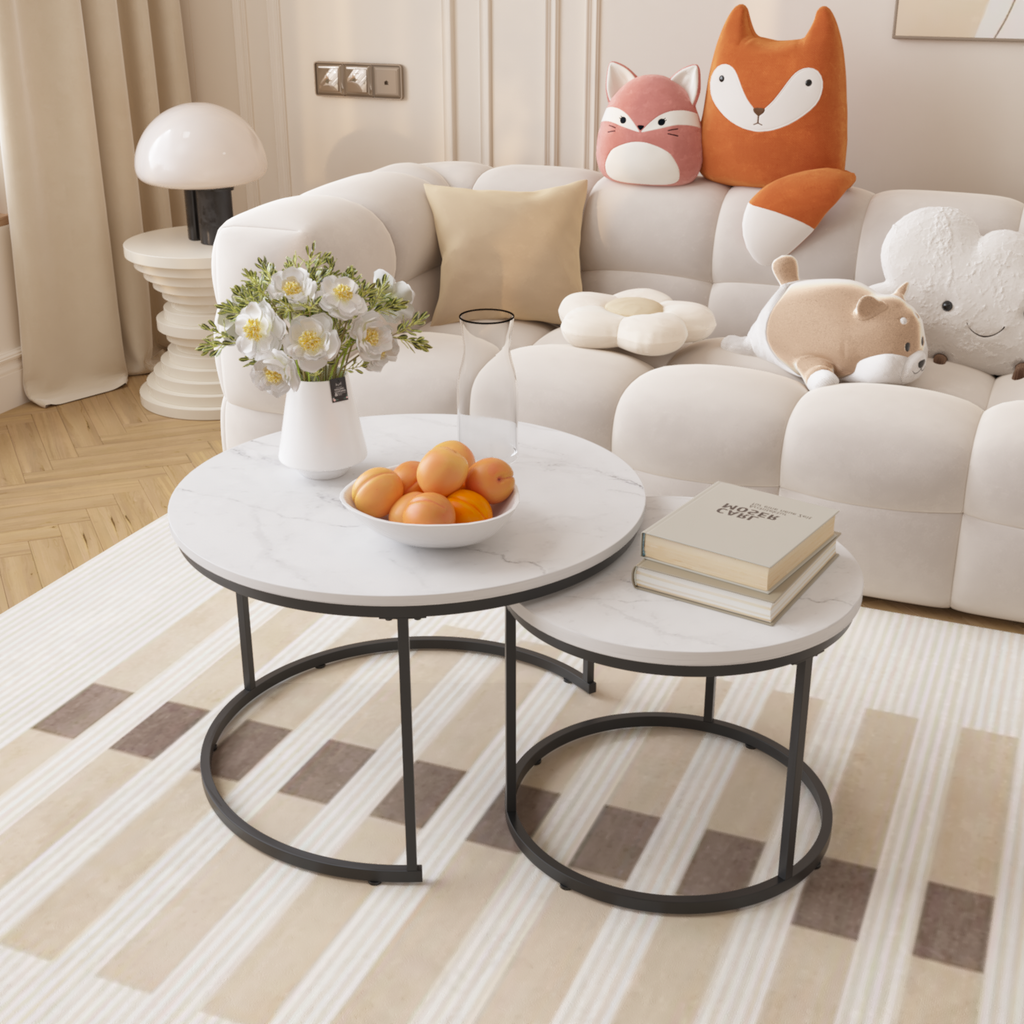 Nesting Coffee Table Set of 2, 27.6inch Round Wood Marble Pattern Top with Sturdy Metal Frame, White Living Room End Tables for Bedroom Balcony Yard - Grand Goldman Shop