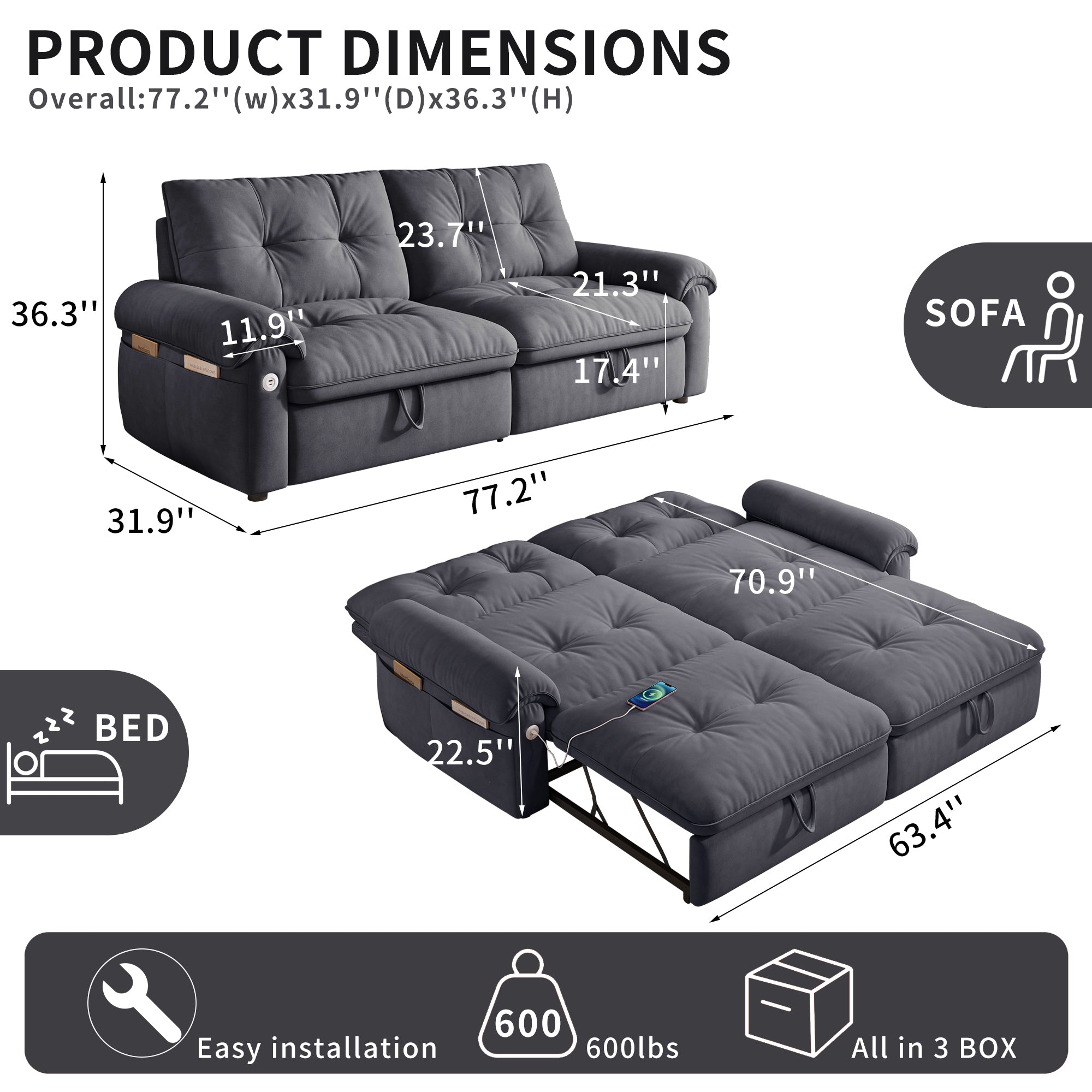W3820S00027, a 77-inch convertible sofa bed, and a 2-in-1 piece suitable for both sitting and lying. Made of cloud-like fabric, it is applicable to living rooms, bedrooms and apart - Grand Goldman Shop