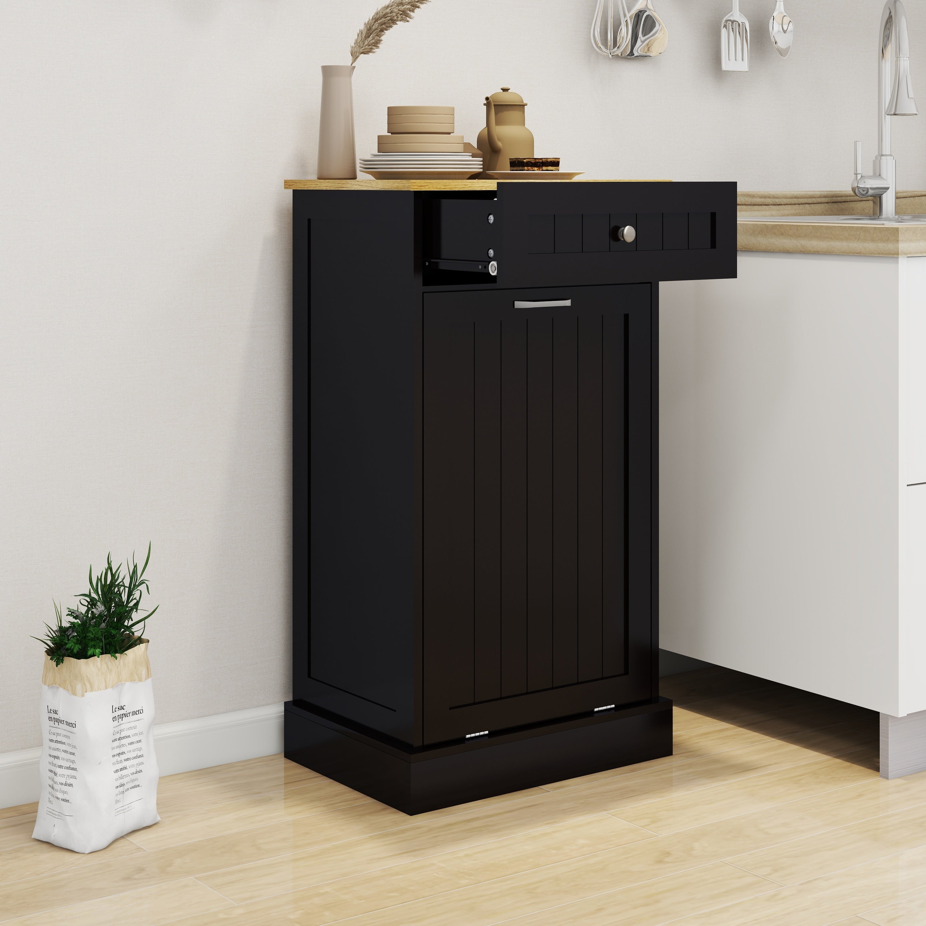 One Drawers and One-Compartment Tilt-Out Trash Cabinet Kitchen Trash Cabinet-Black - Grand Goldman Shop