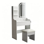 Modern Vanity Desk with Adjustable LED Lights, Mirror, Hair Dryer Holder & Chair in White MDF, 3-Drawer Storage Set - Grand Goldman Shop