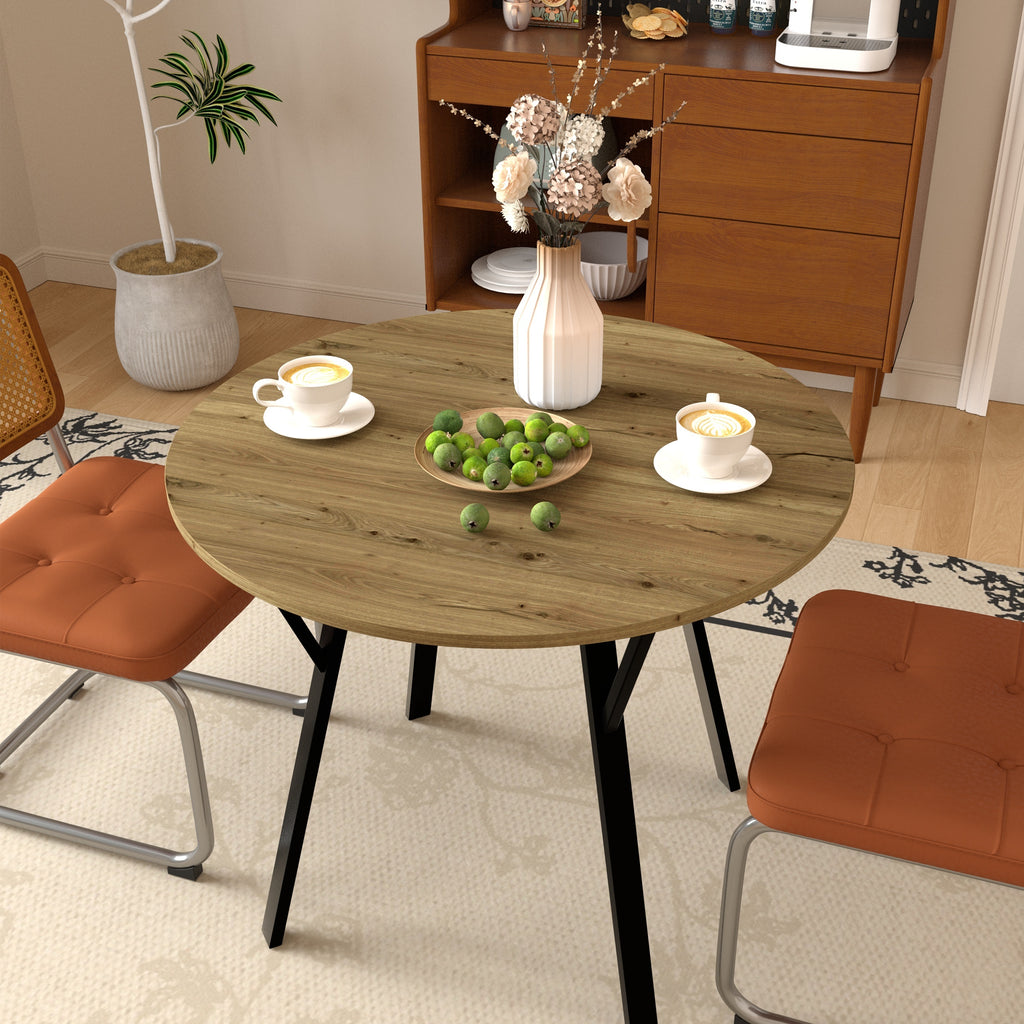 Modern Round Dining Table, Rustic Brown MDF Top with Black Metal Legs, 35.43 Inch Diameter for 2-4 People - Grand Goldman Shop