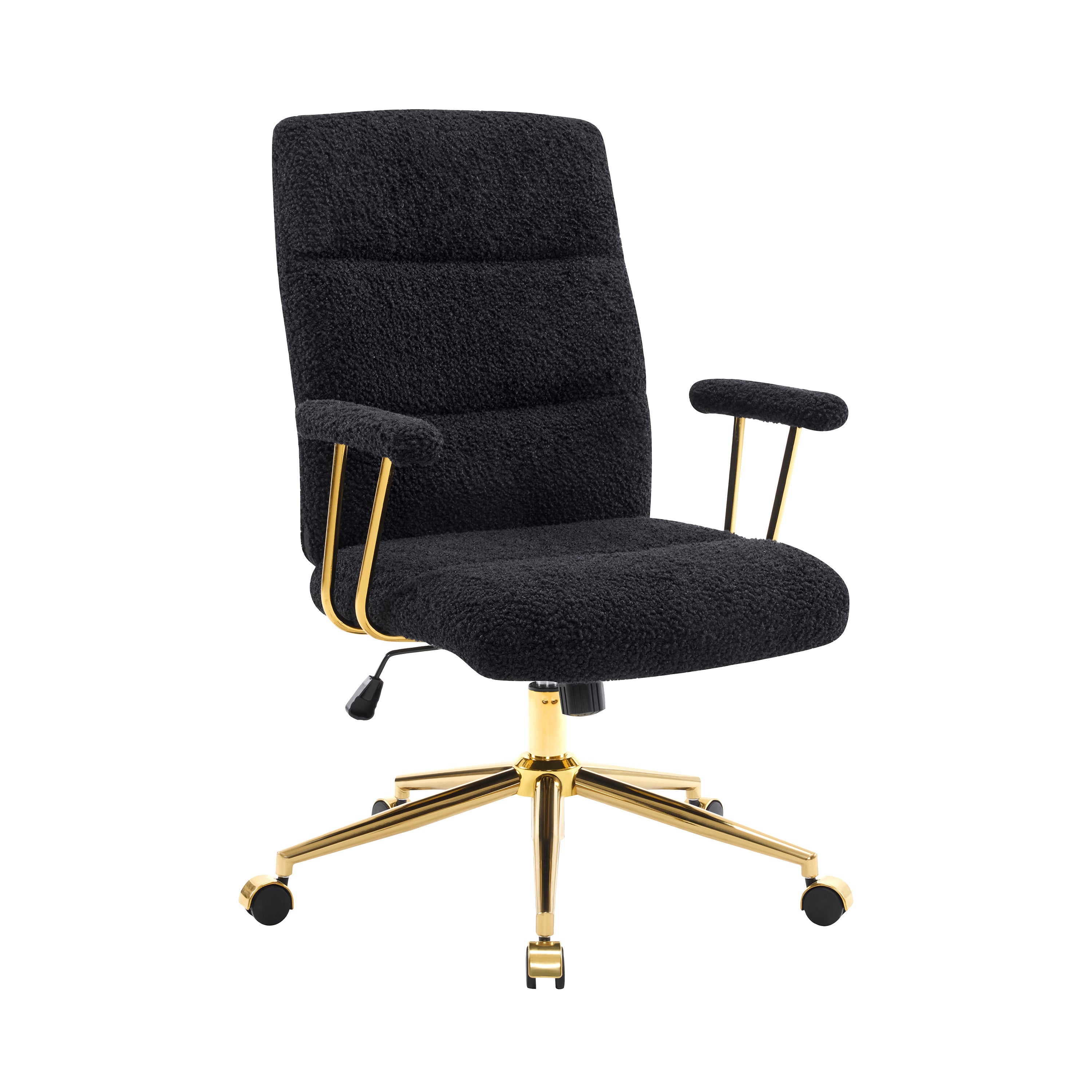 Textured Boucle Fabric Black and Gold Office Chair, Modern Height Adjustable Desk Chair with Padded Arms | Premium Home Decor