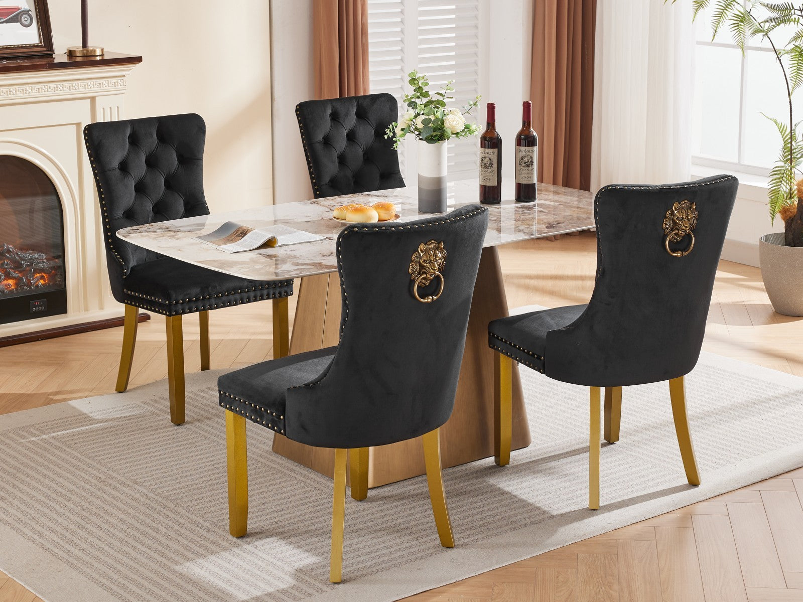 Mid-Century Modern Chairs with Lion Head Pull Ring,High-end Tufted Solid Wood Contemporary Velvet Upholstered Dining Chair with Golden Wooden Legs Nailhead Trim 2-Pcs Set,Black,SW1201BK - Grand Goldman Shop