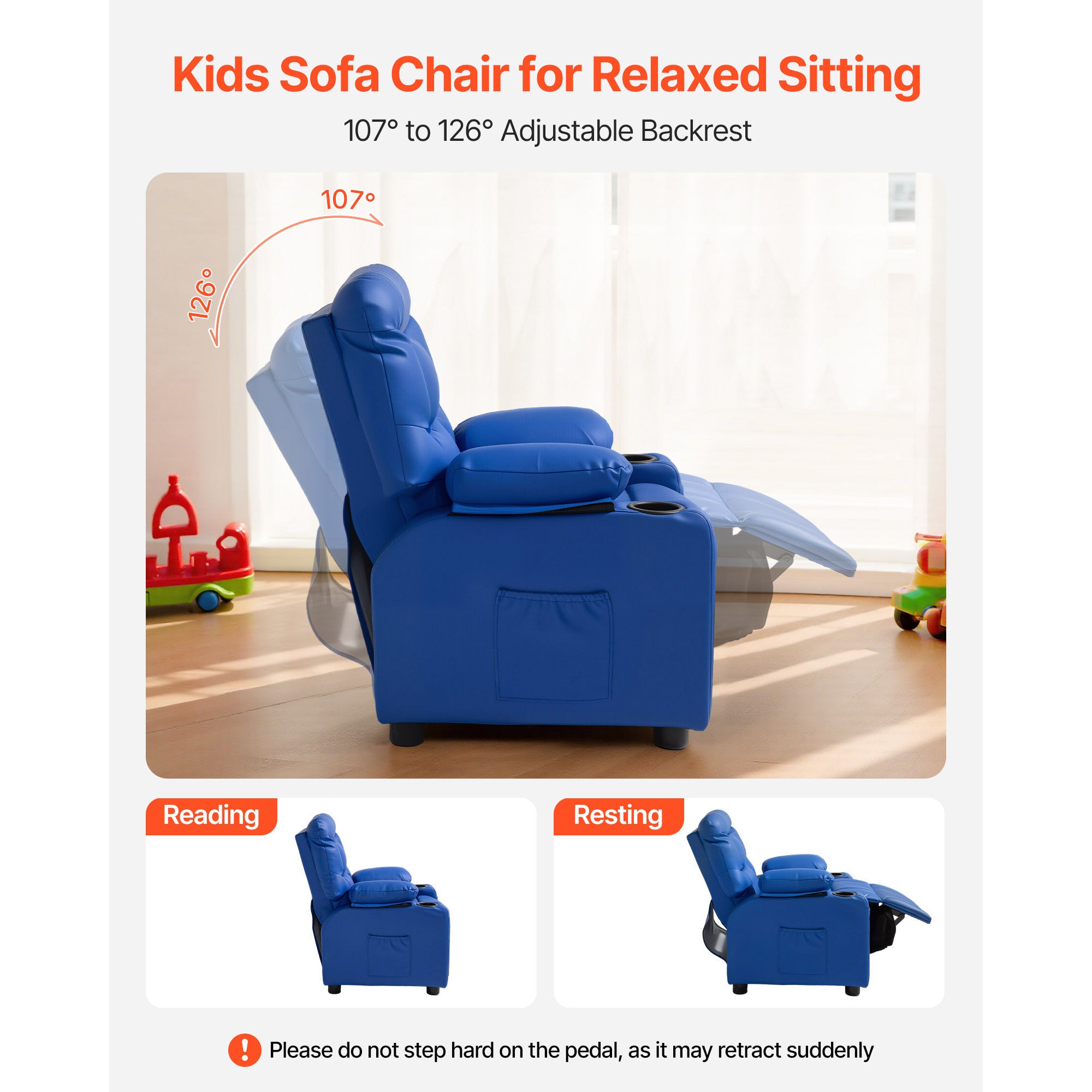 Kids Reclining Chair, Toddler Recliner with 2 Cup Holders and 4 Pockets, 107° to 126° Adjustable Back, Easy-to-Clean PU Leath