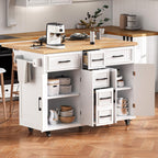 K&K 56.5'' Kitchen Island with Drop Leaf, Power Outlet, Embossed Vertical Stripe Rolling Kitchen Cart on Wheels with 4 Doors , 5 Deep Drawers and Adjustable Shelves, for Kitchen, Dining Room, White - Grand Goldman Shop