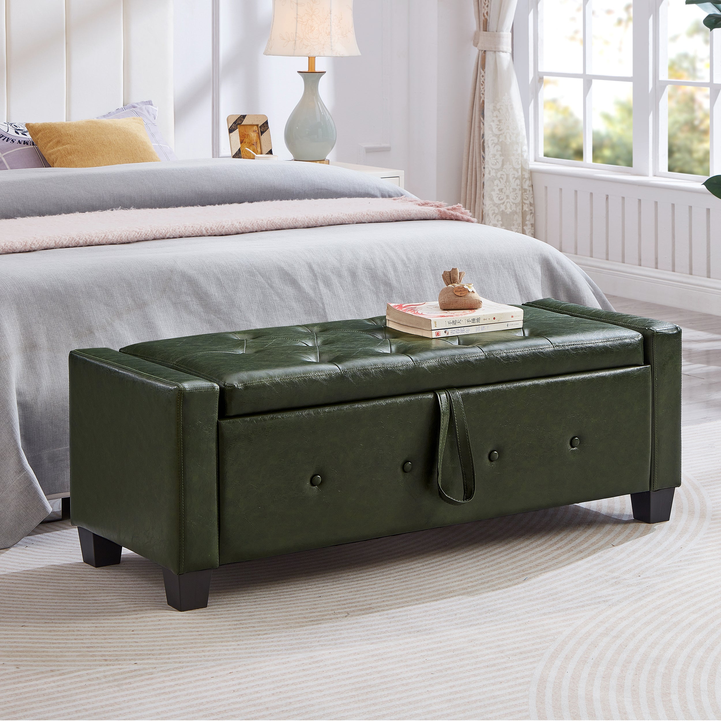 48' Ottoman Bench with Storage, Bench for Bedroom,Living Room,Hallway, Upholstered Tufted Faux Leather PU Ottoman Dark Green - Grand Goldman Shop