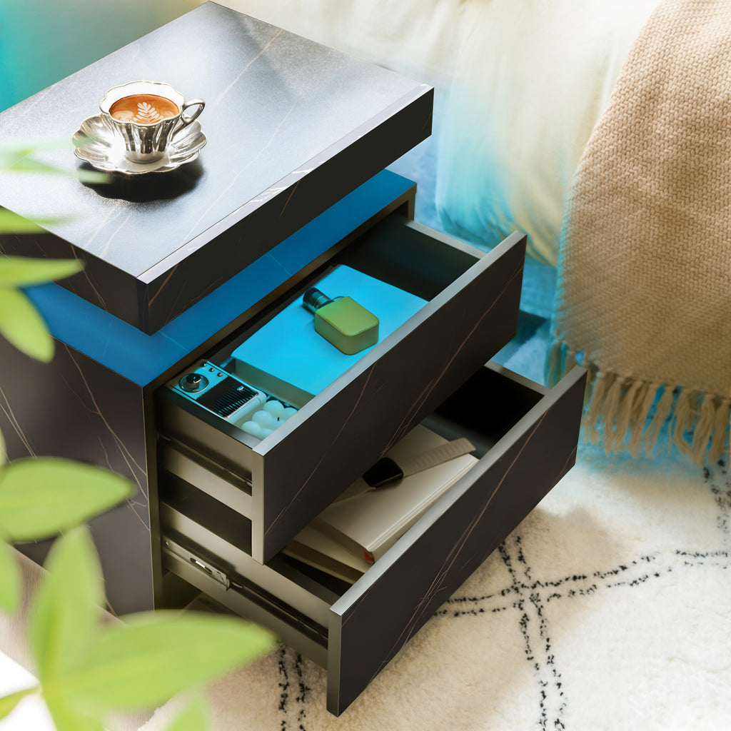Nightstand LED Bedside Table Cabinet Lights Modern End Side with 2 Drawers for Bedroom (Black Gold) - Grand Goldman Shop