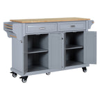 Kitchen Island with Rubber wood Countertop, Kitchen Cart on 5 Wheels with Storage Cabinet and 2 Top Drawers and A center double layered storage drawer for Dinning Room, Grey - Grand Goldman Shop
