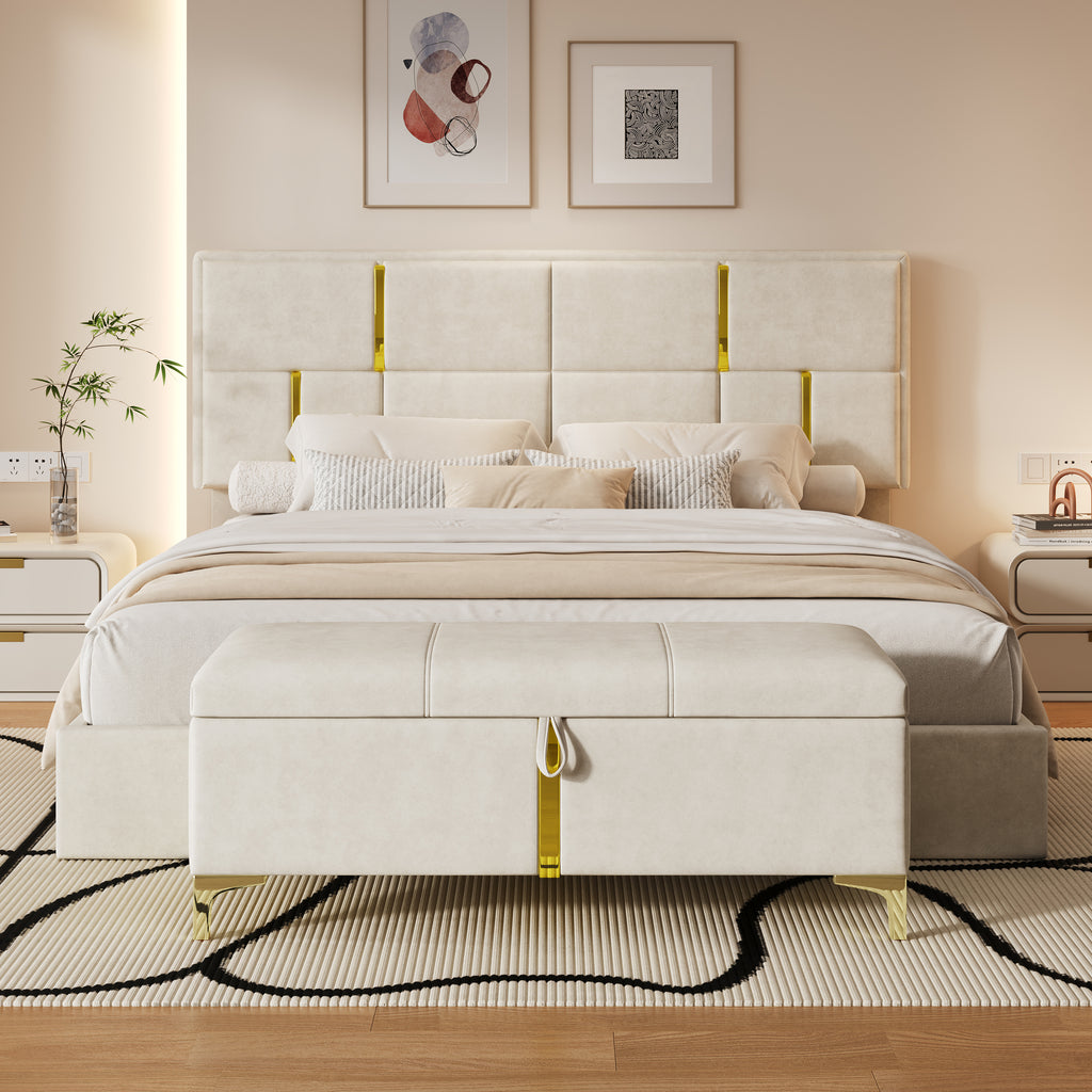 2-Pieces Bedroom Sets,Queen Size Upholstered Platform Bed with Hydraulic Storage System,Storage Ottoman with Metal Legs,Beige(Old SKU:N733S207778A) - Grand Goldman Shop