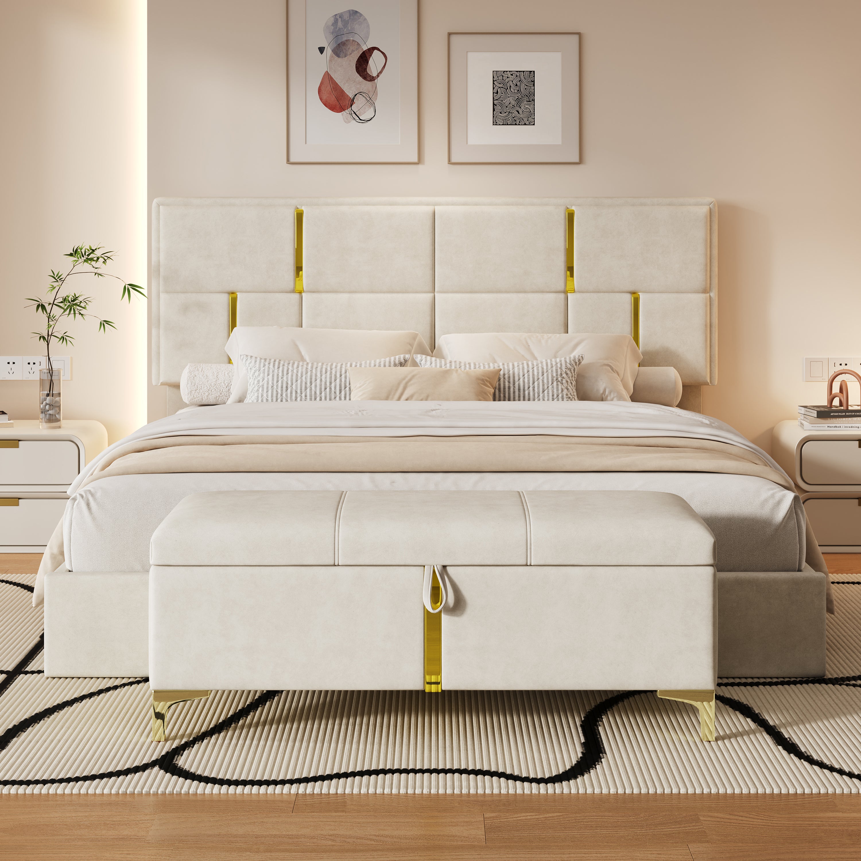 2-Pieces Bedroom Sets,Queen Size Upholstered Platform Bed with Hydraulic Storage System,Storage Ottoman with Metal Legs,Beige(Old SKU:N733S207778A) - Grand Goldman Shop