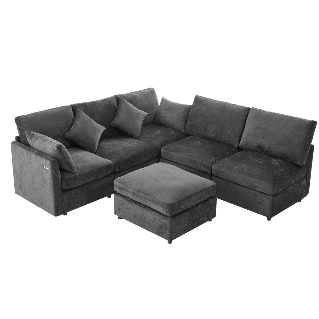 Stylish Modular U-Shaped Sectional Sofa with USB Ports, Black Chenille, 86.6' - Grand Goldman Shop