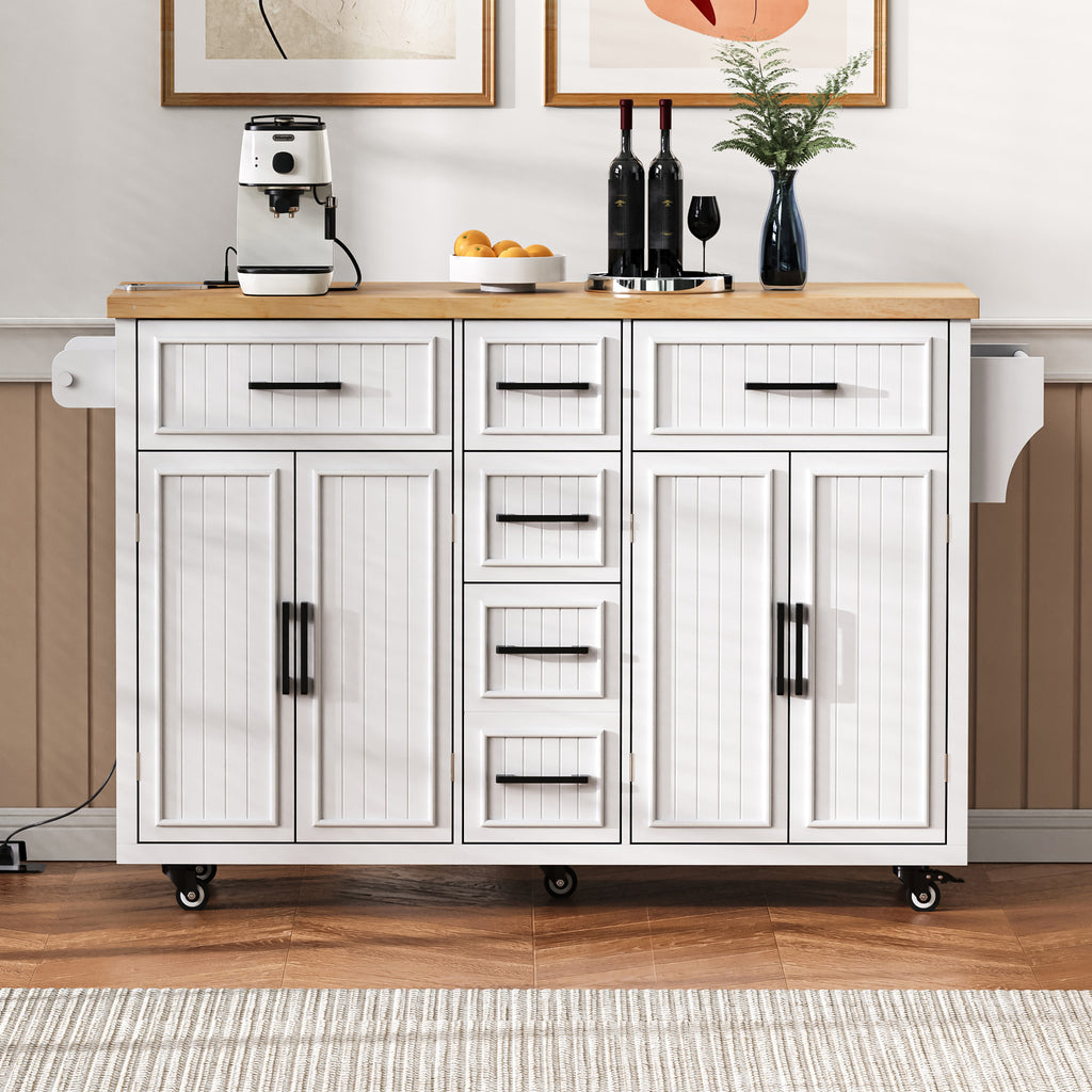 K&K 56.5'' Kitchen Island with Drop Leaf, Power Outlet, Embossed Vertical Stripe Rolling Kitchen Cart on Wheels with 4 Doors , 5 Deep Drawers and Adjustable Shelves, for Kitchen, Dining Room, White - Grand Goldman Shop