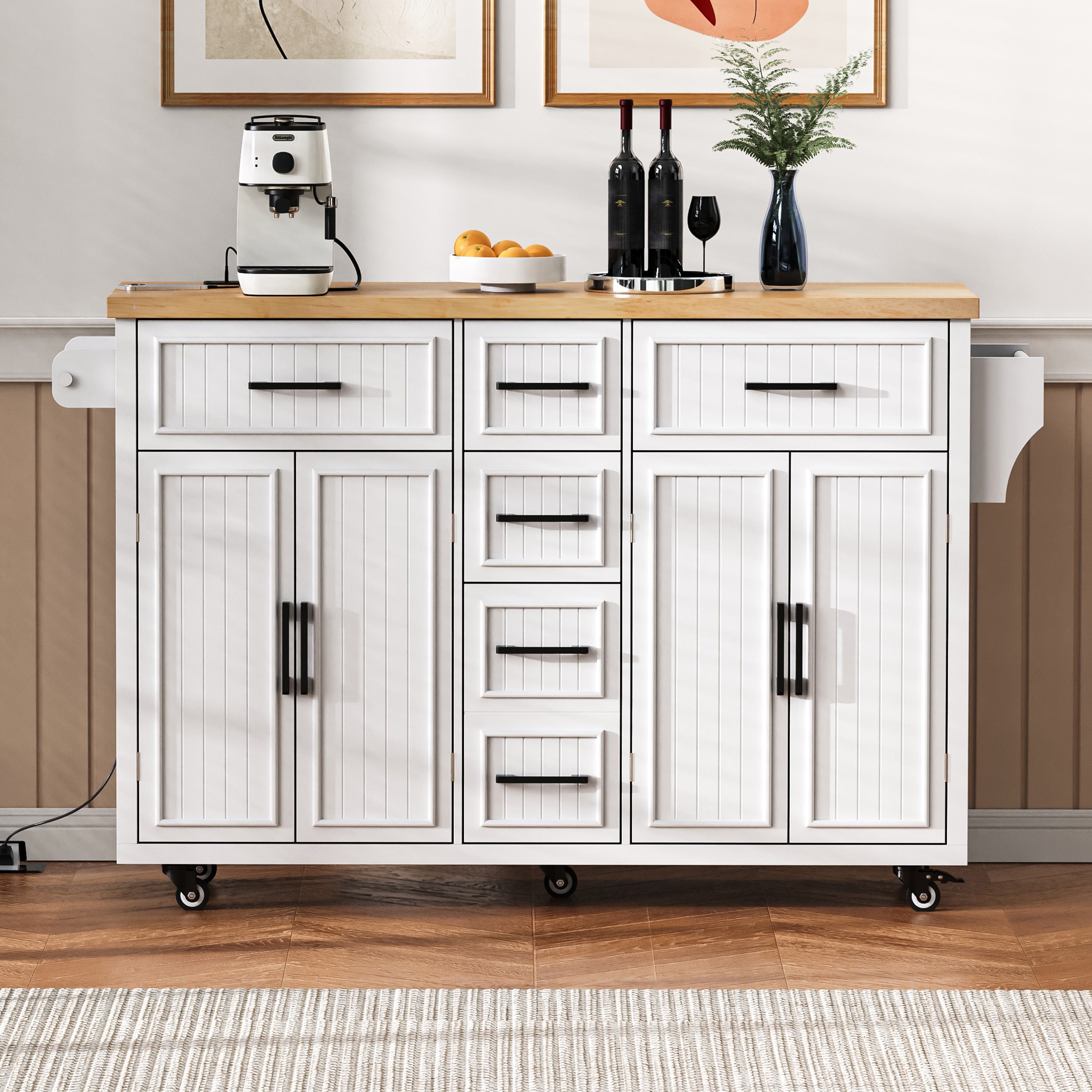 K&K 56.5'' Kitchen Island with Drop Leaf, Power Outlet, Embossed Vertical Stripe Rolling Kitchen Cart on Wheels with 4 Doors , 5 Deep Drawers and Adjustable Shelves, for Kitchen, Dining Room, White - Grand Goldman Shop