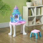 Qaba Kids Vanity Set with Mirror and Stool, Castle Design Makeup Table with Light, Music, Hair Dryer, 18 Accessories, Girls P