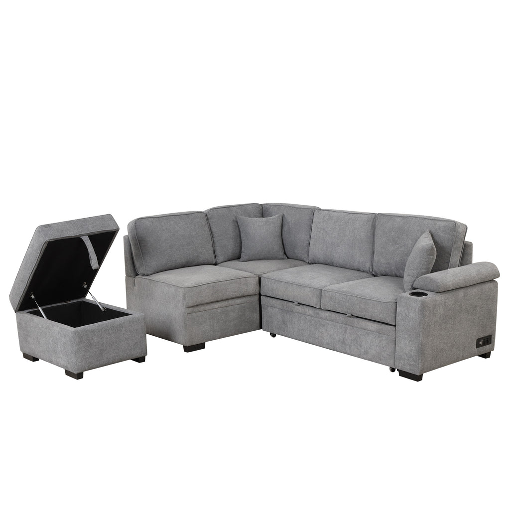 Modern Sleeper Sofa Bed with Storage Ottoman, Gray Linen, 84.75' L Shape Couch for Living Room or Apartment - Grand Goldman Shop