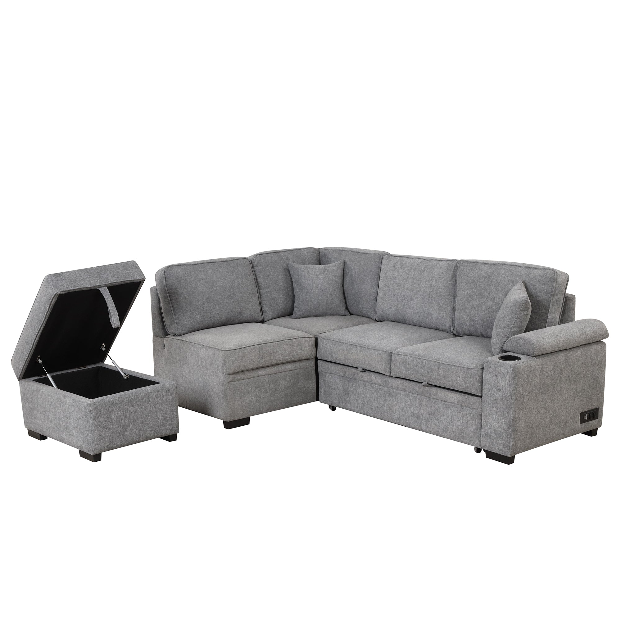 Modern Sleeper Sofa Bed with Storage Ottoman, Gray Linen, 84.75' L Shape Couch for Living Room or Apartment - Grand Goldman Shop