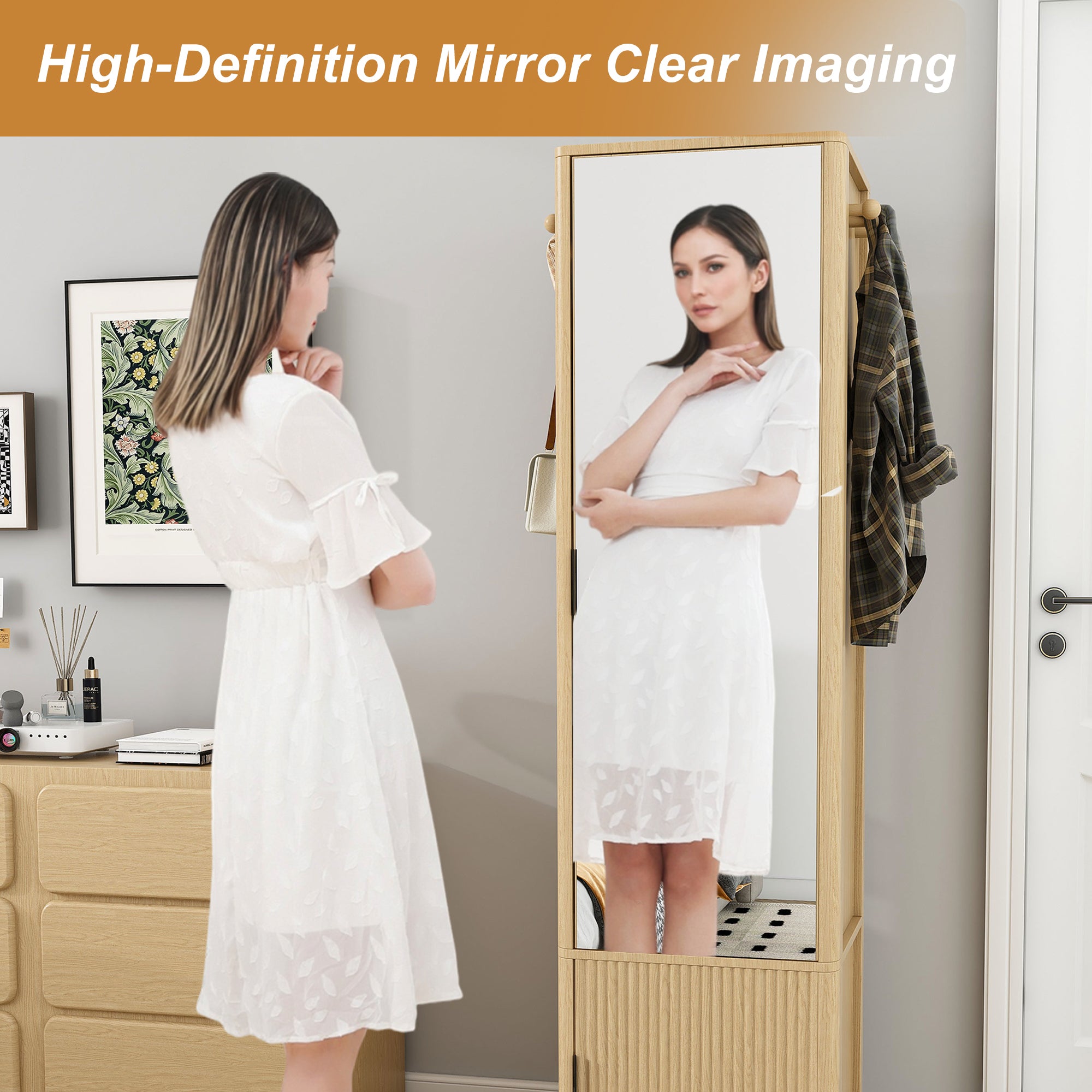 360° Rotating Makeup Cabinet in Walnut with Full-Length Mirror, Jewelry Storage, Coat Rack, 4 Open Shelves & 2 Built-In Shelves - Grand Goldman Shop
