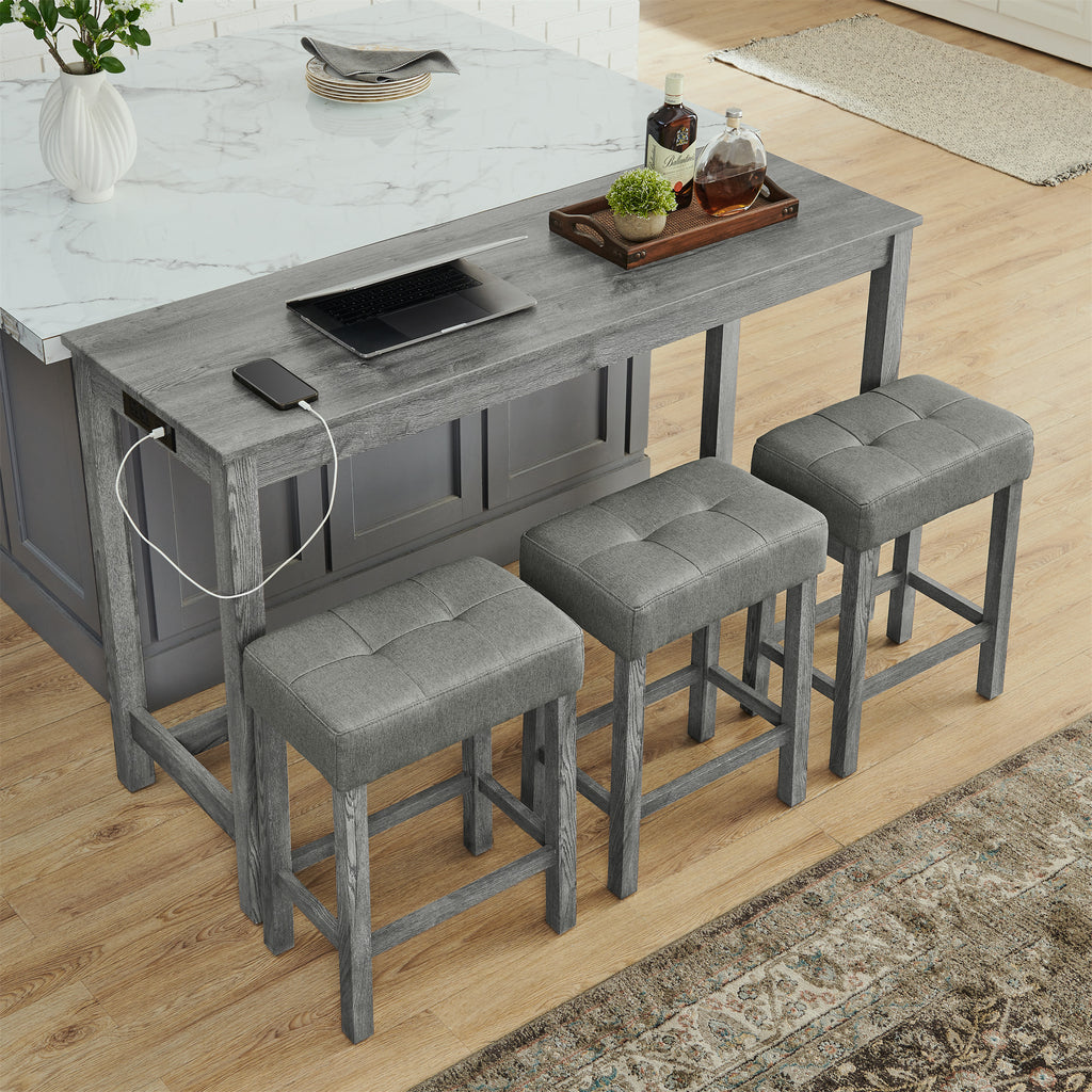 59 Inch Bar Table, Dining Table, Sofa Table with Power Outlet, 3 Upholstered Stools, 4 Piece Bar Table and Chair Set for Living Room, Dining Room, Kitchen - Grand Goldman Shop