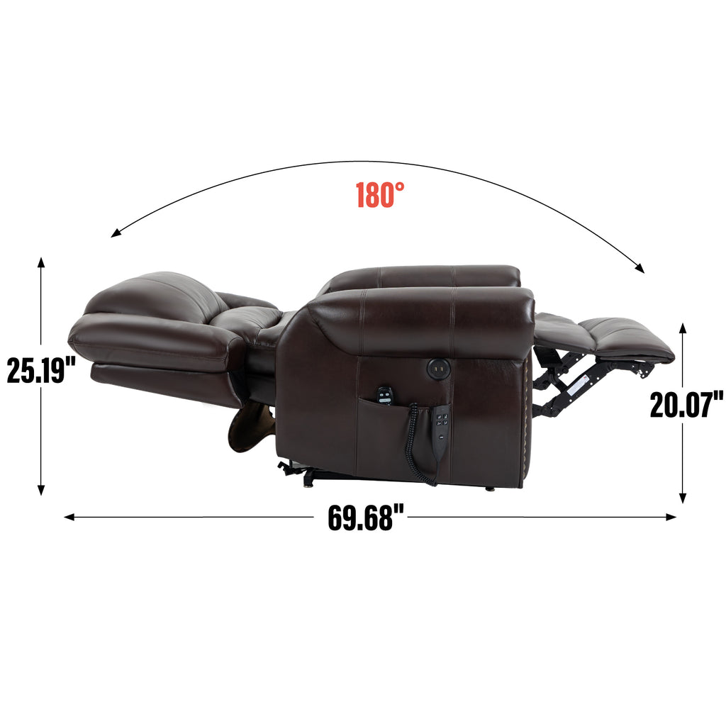 Power Lift Recliner Chair Heat Massage Dual Motor Infinite Position Up to 350 LBS, Faux Leather, Heavy Duty Motion Mechanism with USB Ports, Brown - Grand Goldman Shop