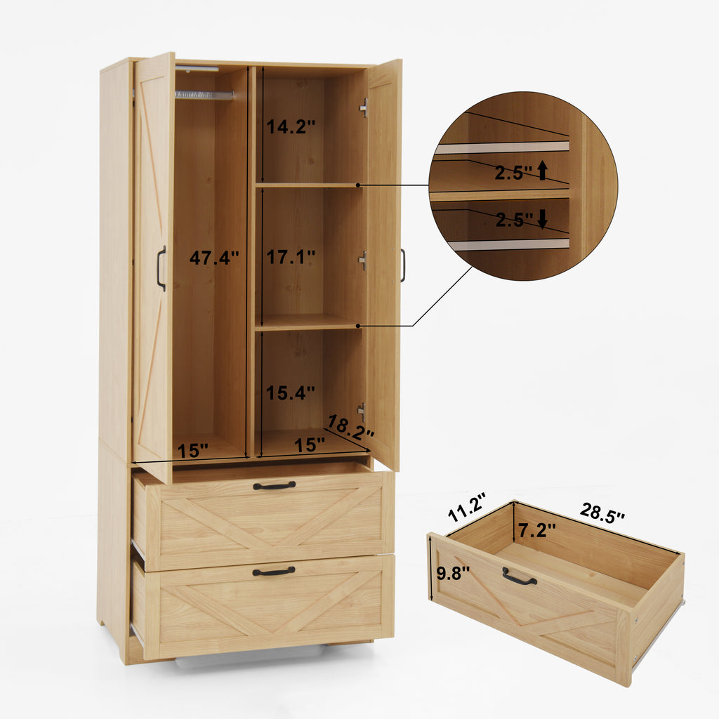 2 Door Wood Wardrobe for Bedroom with Hanging Clothing Rod inside the Cabinet and 2 Drawers for Storage Organization, Built-in induction light Multifunctional Closet with Mirror, Natural - Grand Goldman Shop