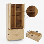 2 Door Wood Wardrobe for Bedroom with Hanging Clothing Rod inside the Cabinet and 2 Drawers for Storage Organization, Built-in induction light Multifunctional Closet with Mirror, Natural - Grand Goldman Shop