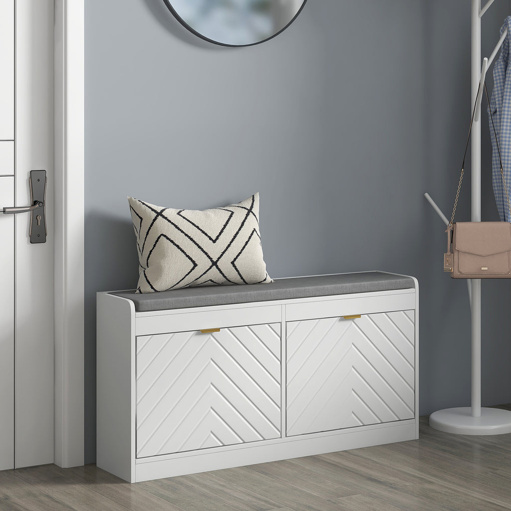 HOMCOM Shoe Bench, Entryway Bench with 2 Flip Drawers, Seating Cushion, and 2 Vents for 8 Pairs of Shoes for Hallway, White - Grand Goldman Shop