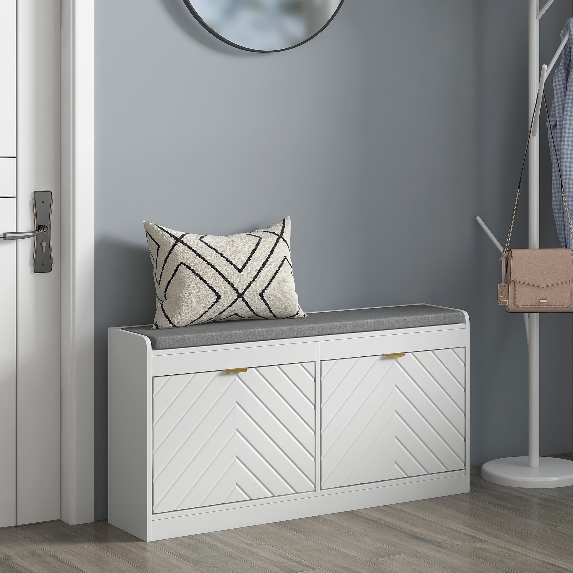 HOMCOM Shoe Bench, Entryway Bench with 2 Flip Drawers, Seating Cushion, and 2 Vents for 8 Pairs of Shoes for Hallway, White - Grand Goldman Shop