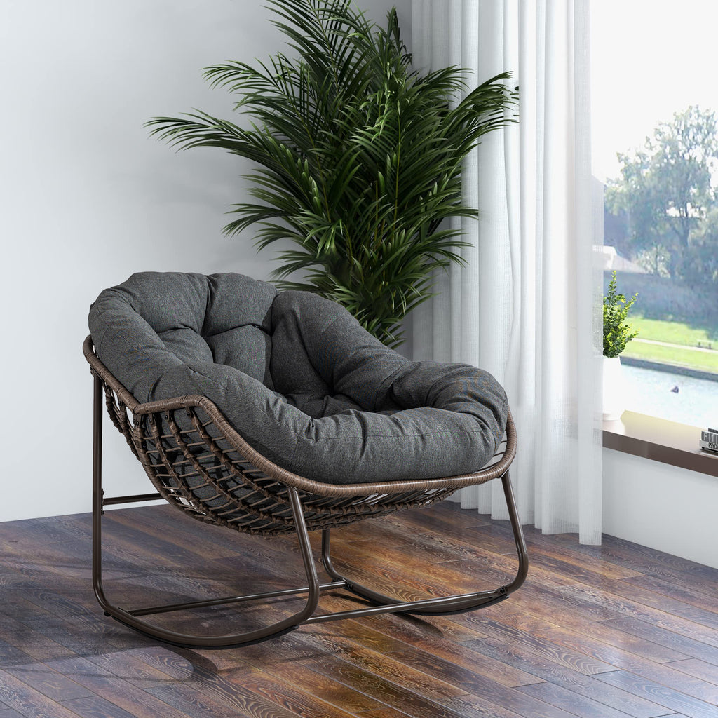 Outdoor Rattan Rocking Chair,Padded Cushion Rocker Recliner Chair Outdoor for Front Porch, Living Room, Patio, Garden, Grey - Grand Goldman Shop