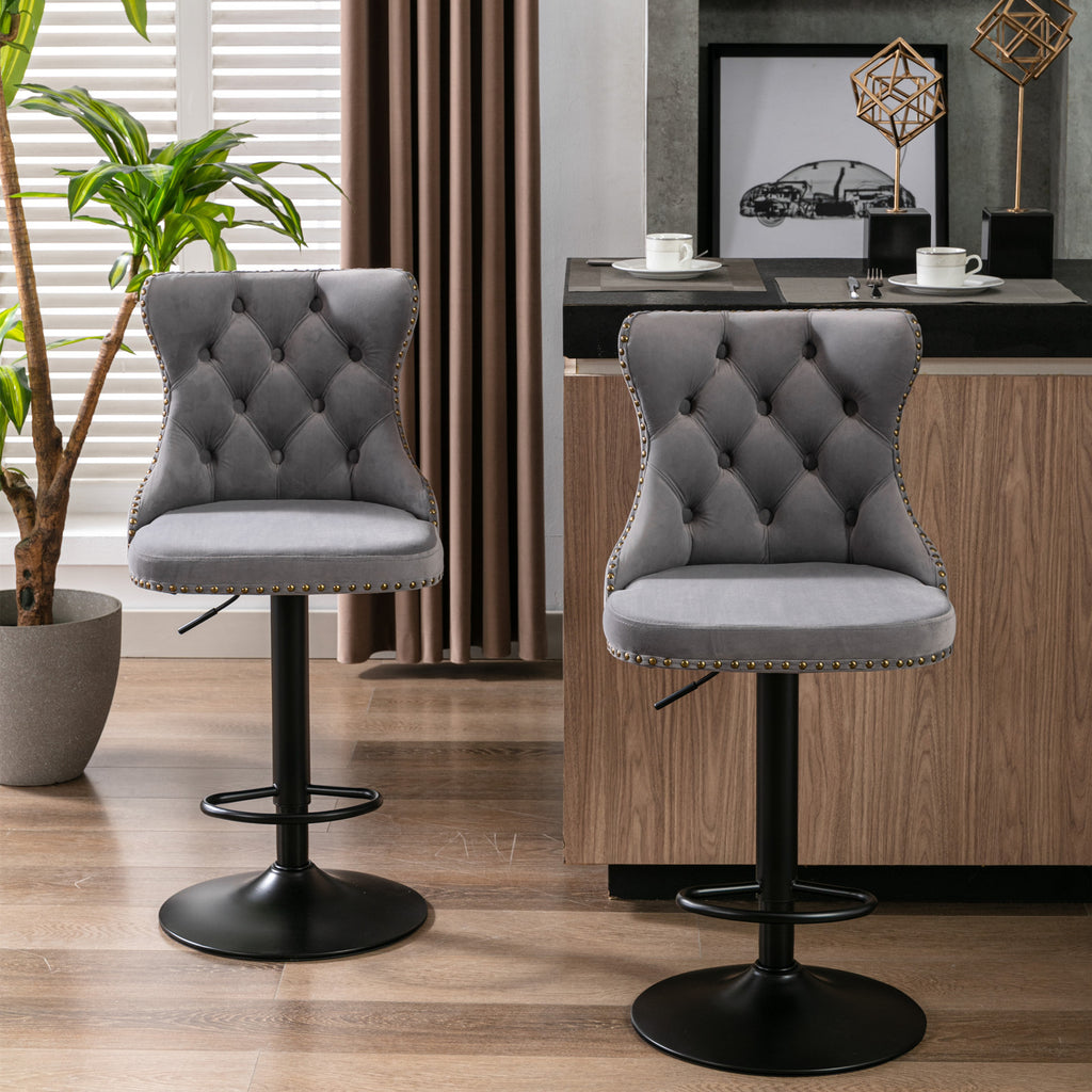 A&A Furniture,Swivel Velvet Barstools Adjusatble Seat Height from 25-33 Inch,17.7 inch base, Modern Upholstered Bar Stools with Backs Comfortable Tufted for Home Pub and Kitchen Island,Gray,Set of 2 - Grand Goldman Shop