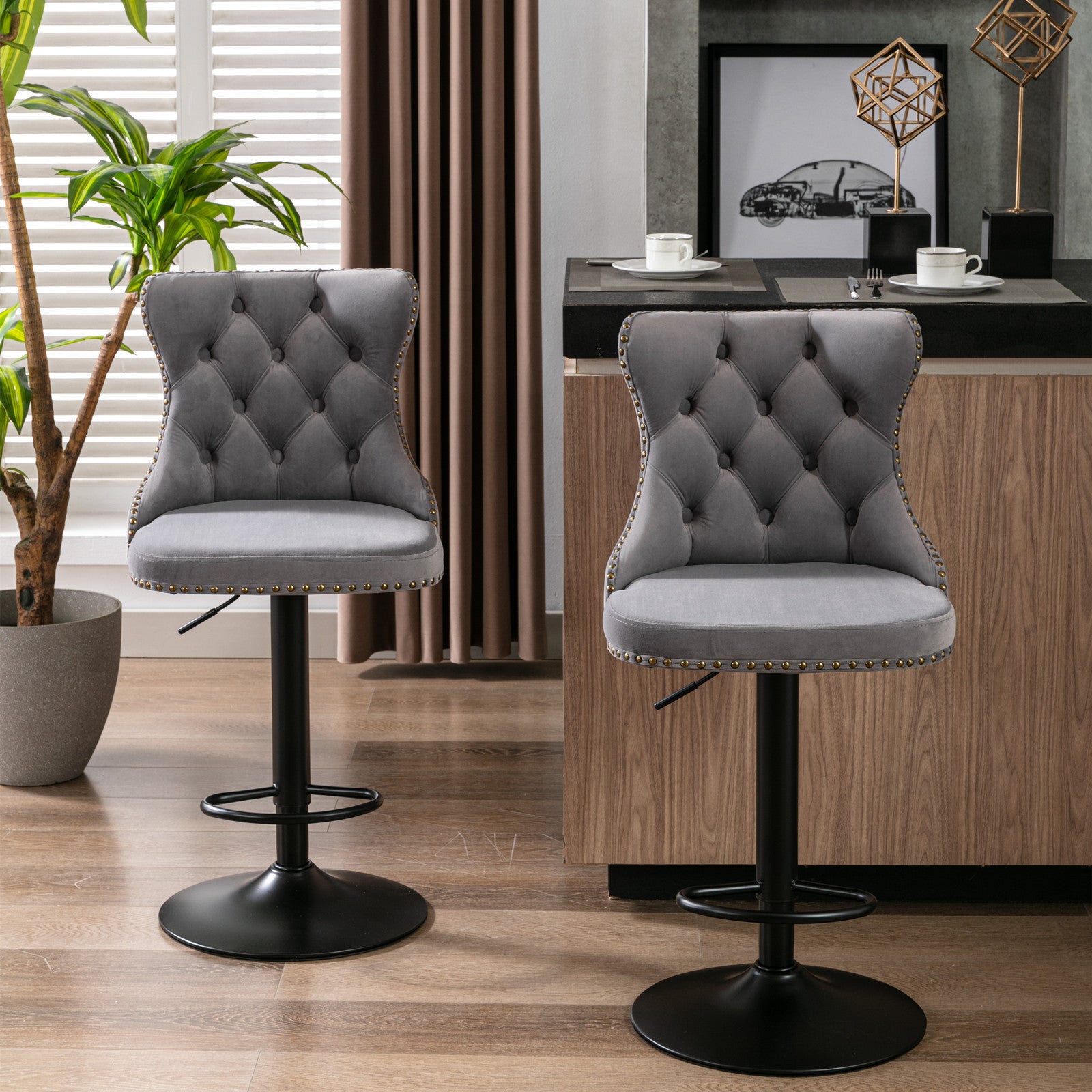 A&A Furniture,Swivel Velvet Barstools Adjusatble Seat Height from 25-33 Inch,17.7 inch base, Modern Upholstered Bar Stools with Backs Comfortable Tufted for Home Pub and Kitchen Island,Gray,Set of 2 - Grand Goldman Shop