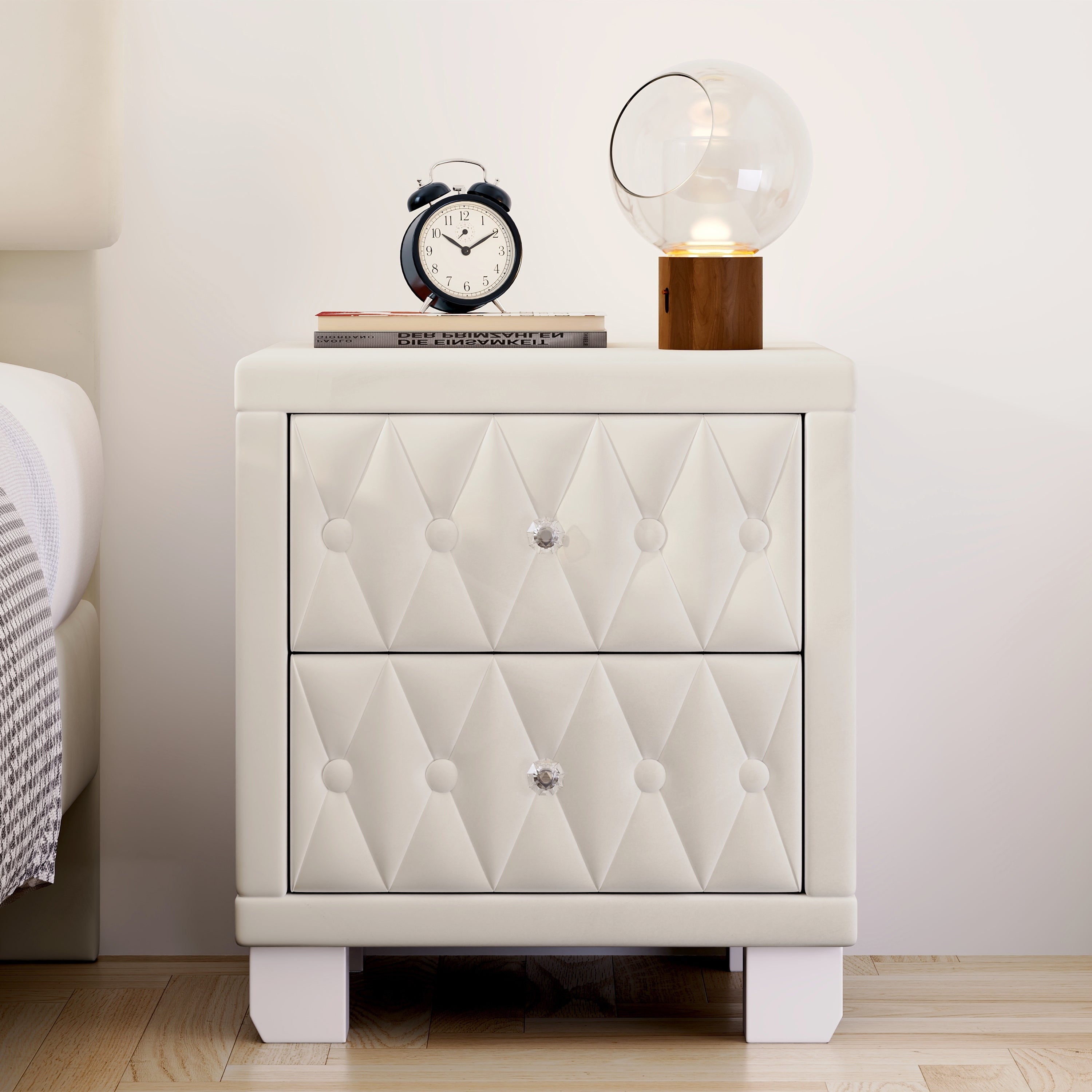 Elegant Velvet Nightstand with 2 Drawers and Crystal Handle, Storage Bedside Table with Button-Tufted, Beige - Grand Goldman Shop
