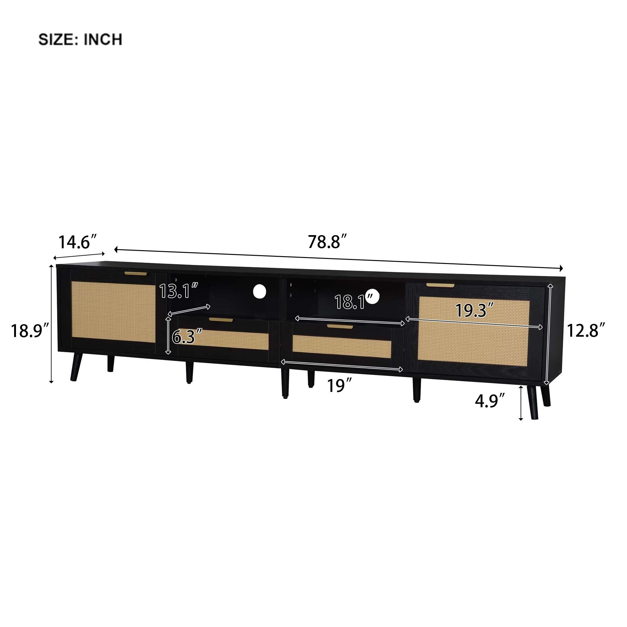 Modern Farmhouse Rattan TV Stand for TVs up to 85'', Black MDF and Solid Wood Media Console with Cable Management, 78.74'' L x 14.6'' W x 18.9'' H - Grand Goldman Shop
