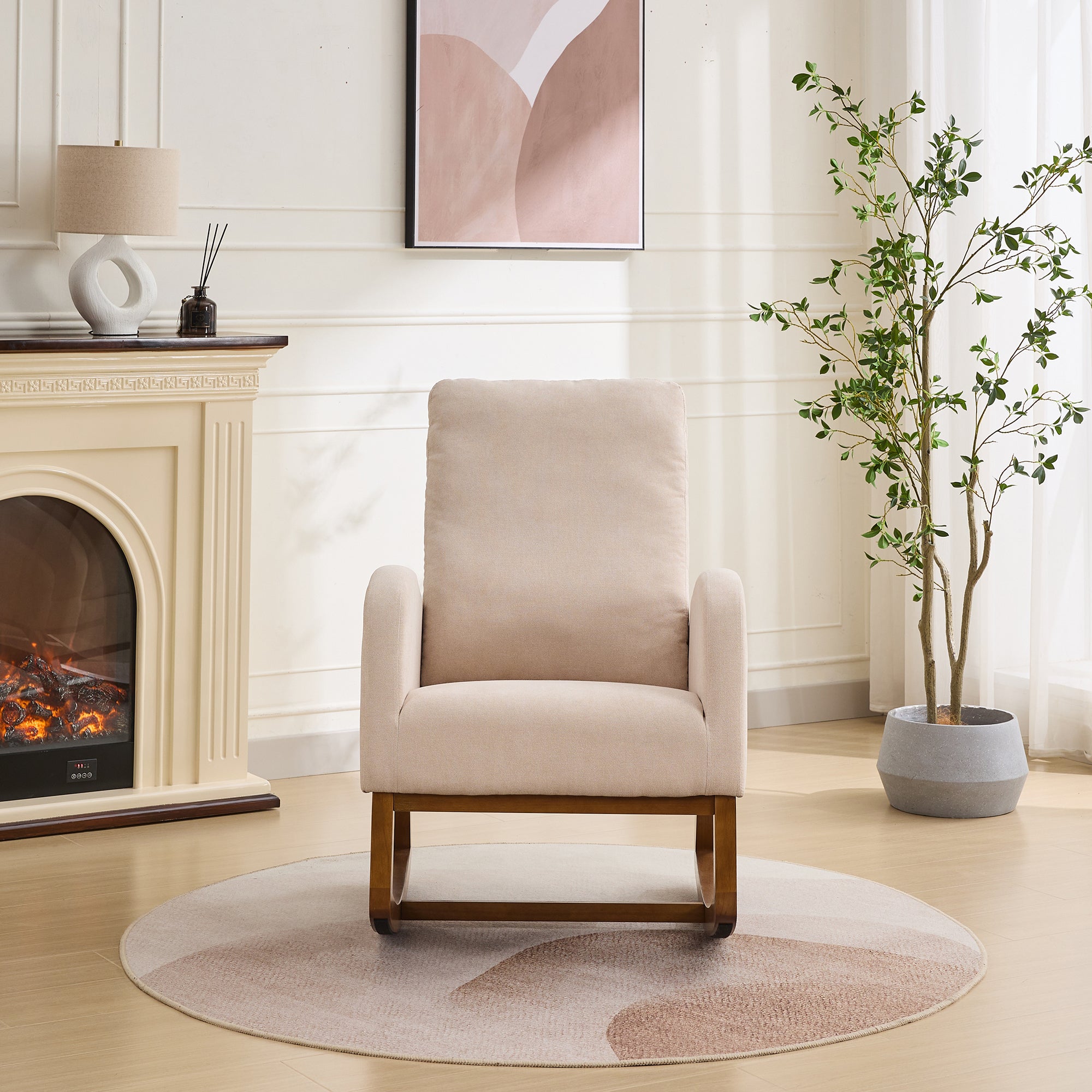 27.2'W Rocking Chair for Nursery, Polyester Glider Chair with High Back and Side Pocket, Rocking Accent Armchair with Rubber Wood Legs for Living Room/Bedroom.Beige - Grand Goldman Shop