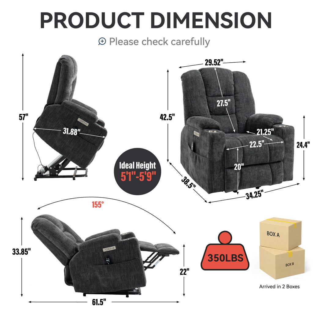 EMON'S Large Power Lift Recliner Chair with Massage and Heat for Elderly, Overstuffed Wide Recliners, Heavy Duty Motion Mechanism with USB and Type C Ports, 2 Steel Cup Holders, Gray - Grand Goldman Shop