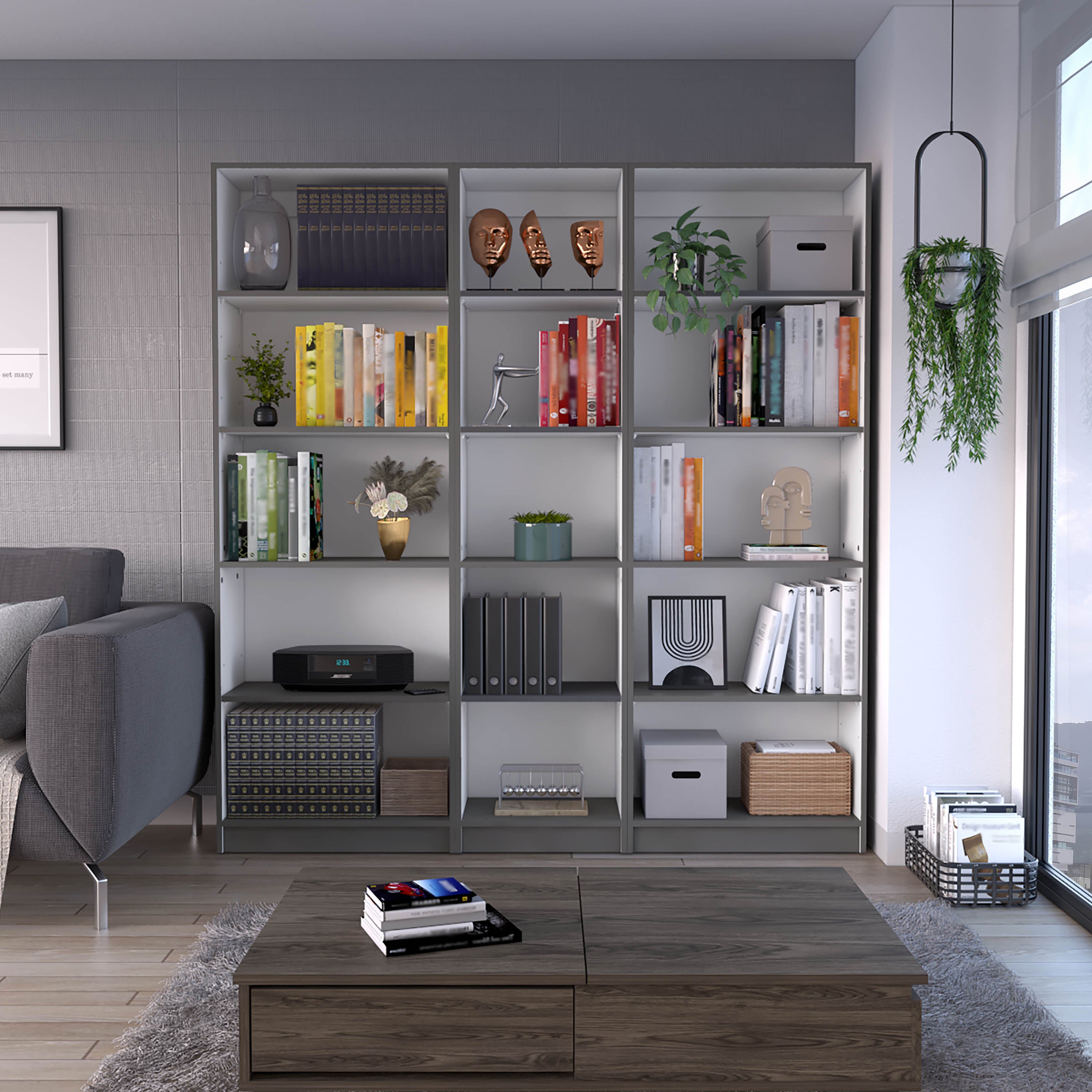 Luetz 3 Piece Home Bookcase set, 67' Wide with 15 Shelves ,  Living Room Set Set  Matt Gray - White - Grand Goldman