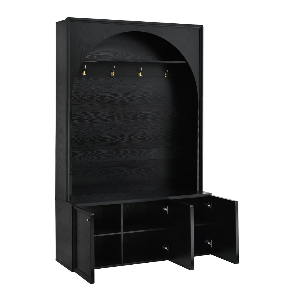 ON-TREND Farmhouse All-in-One Hall Tree with Adjustable Shelves, Retro Arched Entryway Storage Bench with 3 Cabinets, Wooden Coat Rack Organizer with 4 Golden Hooks for Mudroom, Hallway, Black - Grand Goldman Shop