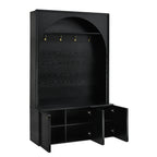 ON-TREND Farmhouse All-in-One Hall Tree with Adjustable Shelves, Retro Arched Entryway Storage Bench with 3 Cabinets, Wooden Coat Rack Organizer with 4 Golden Hooks for Mudroom, Hallway, Black - Grand Goldman Shop