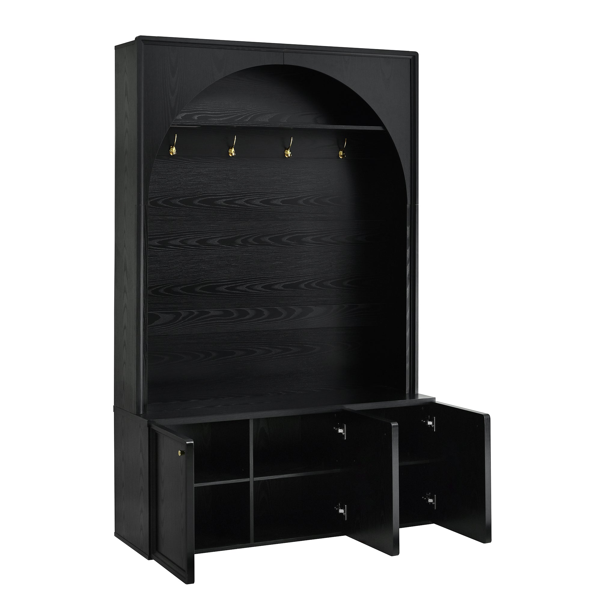 ON-TREND Farmhouse All-in-One Hall Tree with Adjustable Shelves, Retro Arched Entryway Storage Bench with 3 Cabinets, Wooden Coat Rack Organizer with 4 Golden Hooks for Mudroom, Hallway, Black - Grand Goldman Shop