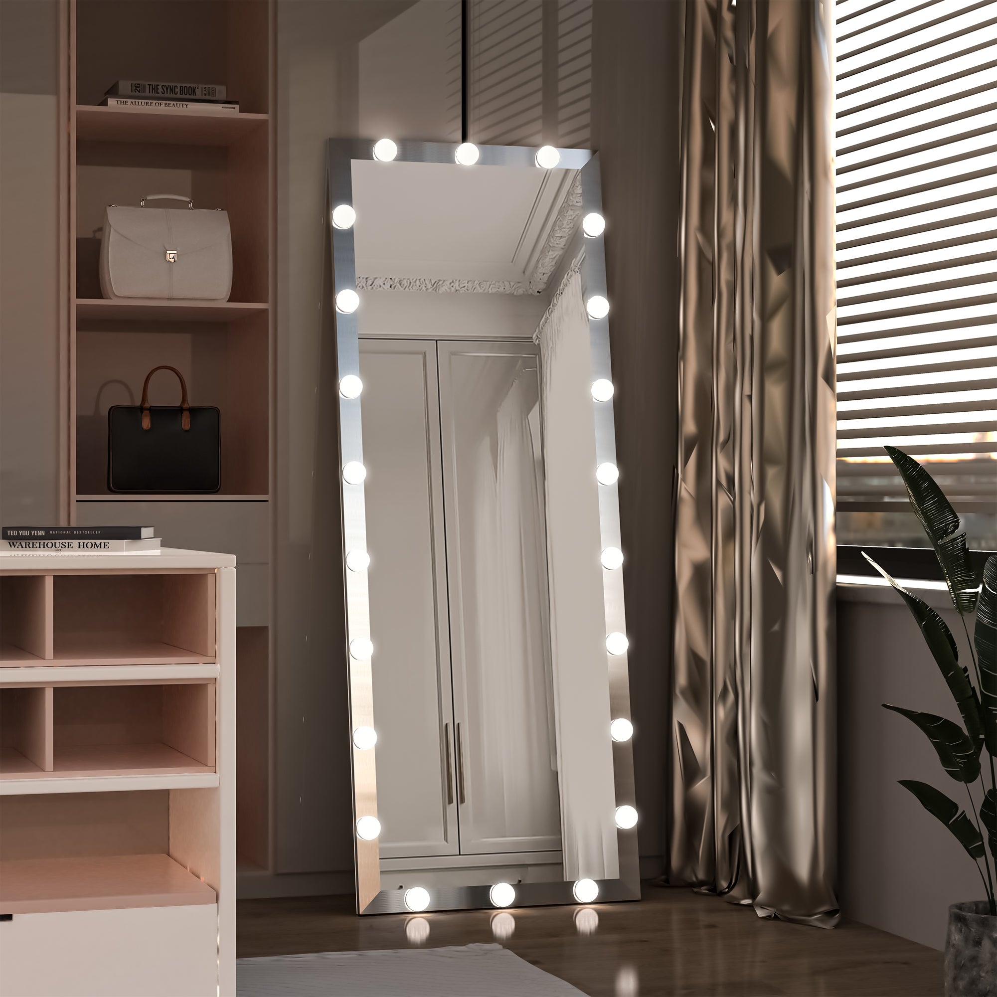 Hollywood Full Length Mirror with Lights Full Body Vanity Mirror with 3 Color Modes Lighted Standing Floor Mirror for Dressing Room Bedroom Wall Mounted Touch Control Silver 63'x24' - Grand Goldman Shop