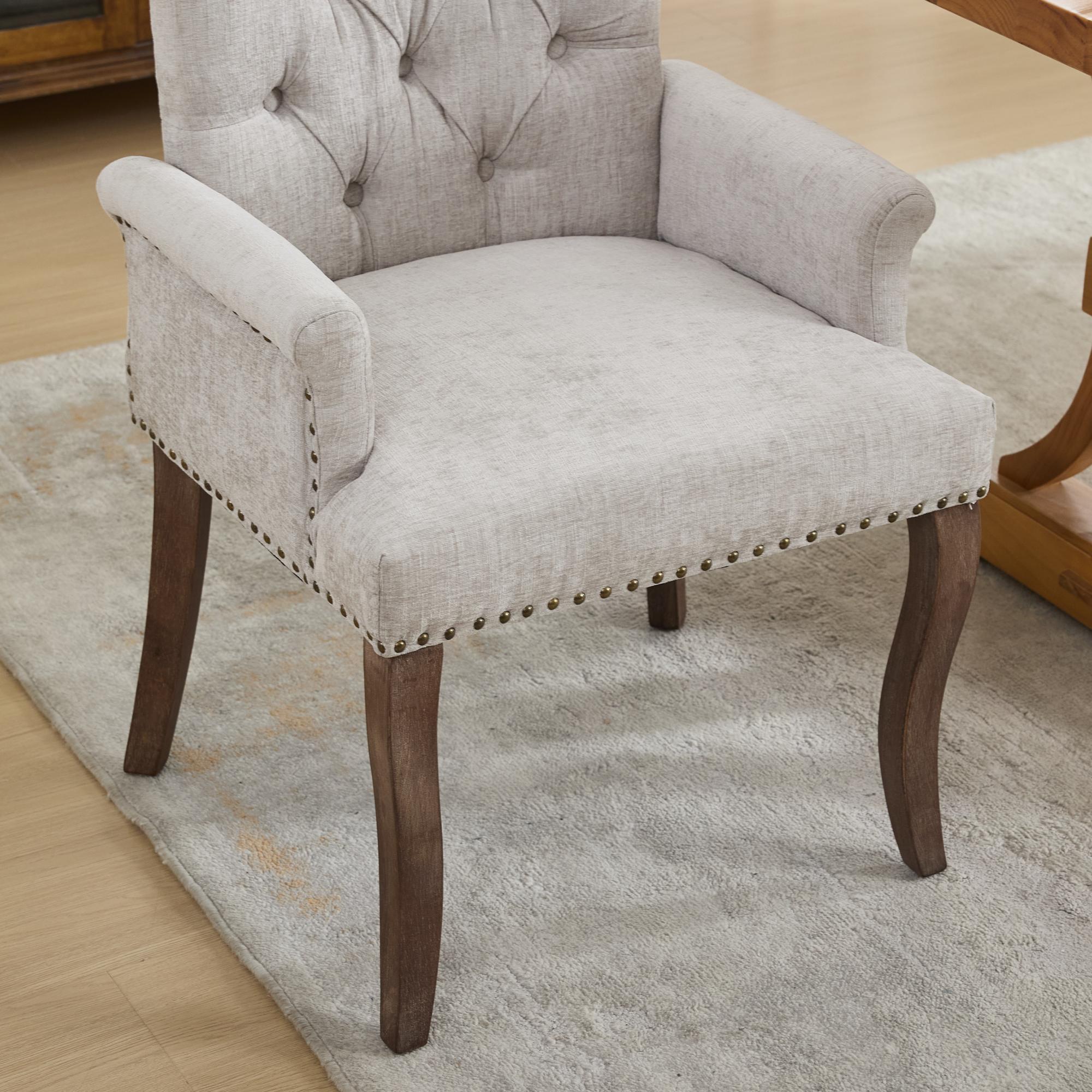 Upholstered Chenille Fabric Accent Dining Chair, Curved Solid Wood Legs, Elegant Tufted Club Dining Room Kitchen Room Arm Dining Chair, Single Pack,Beige,SW1895BG - Grand Goldman Shop