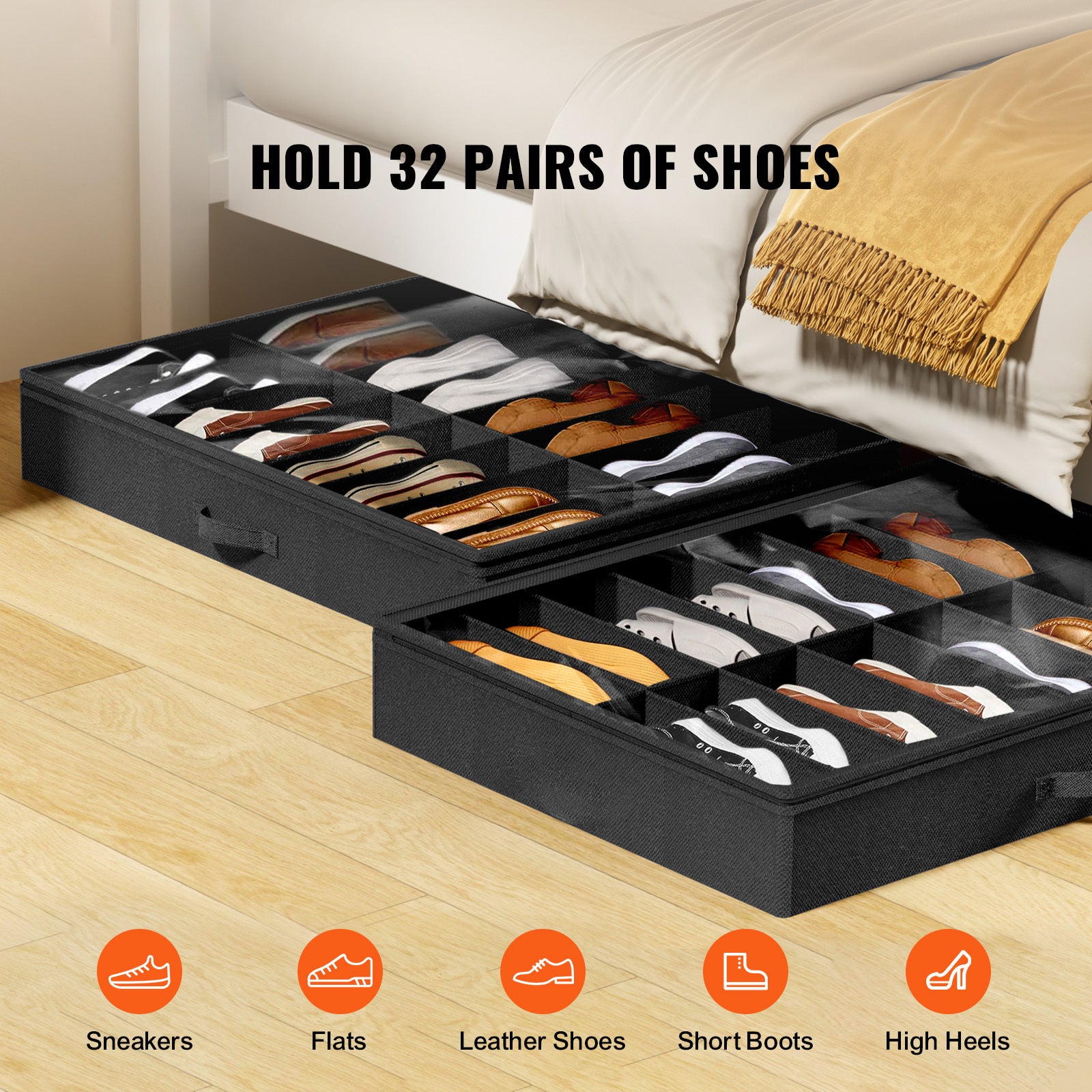 Sturdy Under Bed Shoe Storage Organizer, Set of 2, 32 Compartments, Underbed Shoes Closet Storage Solution with Clear Window, Breathable, L31.5'x W23.6'x H5.9', Black - Grand Goldman Shop