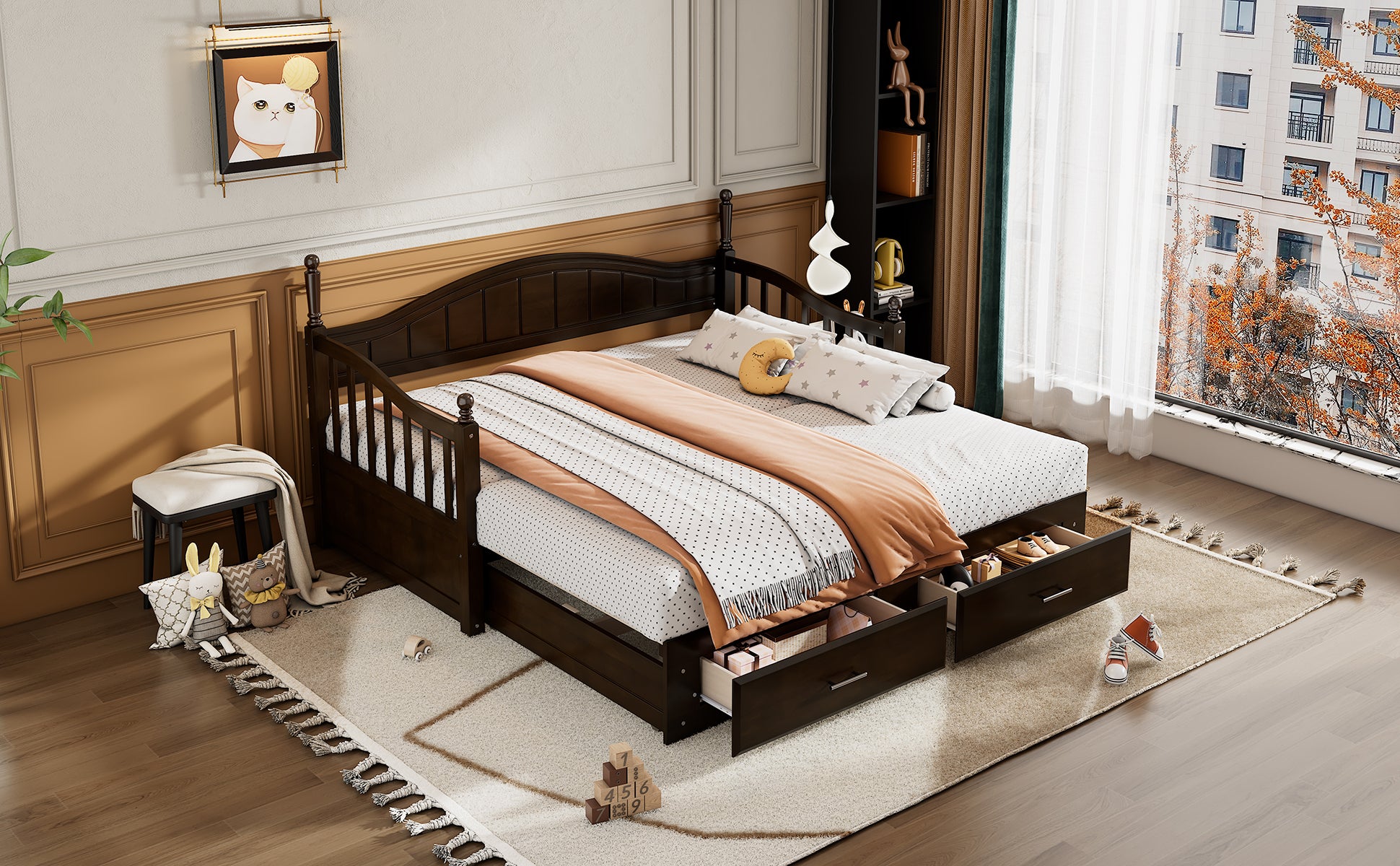 Wooden Twin Size Daybed with Twin Size Trundle, Extendable Daybed with Two Storage Drawers, Espresso(Expected Arrival Time:9.12) - Grand Goldman Shop