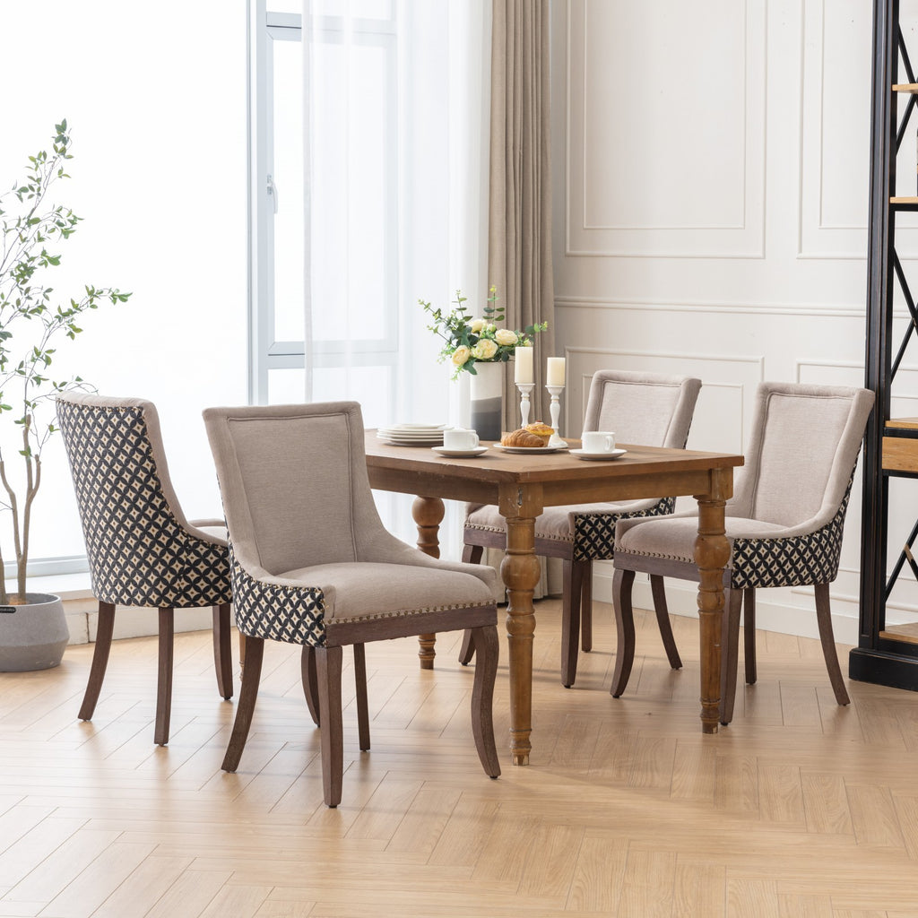 A&A Furniture, Ultra Side Dining Chair, Thickened fabric chairs with neutrally toned solid wood legs, Bronze nail head, Set of 2, Beige and Patterned,SW2207BG - Grand Goldman Shop