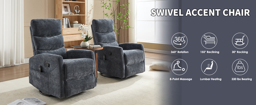 Heat Massage Manual Recliner Chair with Rocker and Swivel in Fabric for Living Room, Blue - Grand Goldman Shop