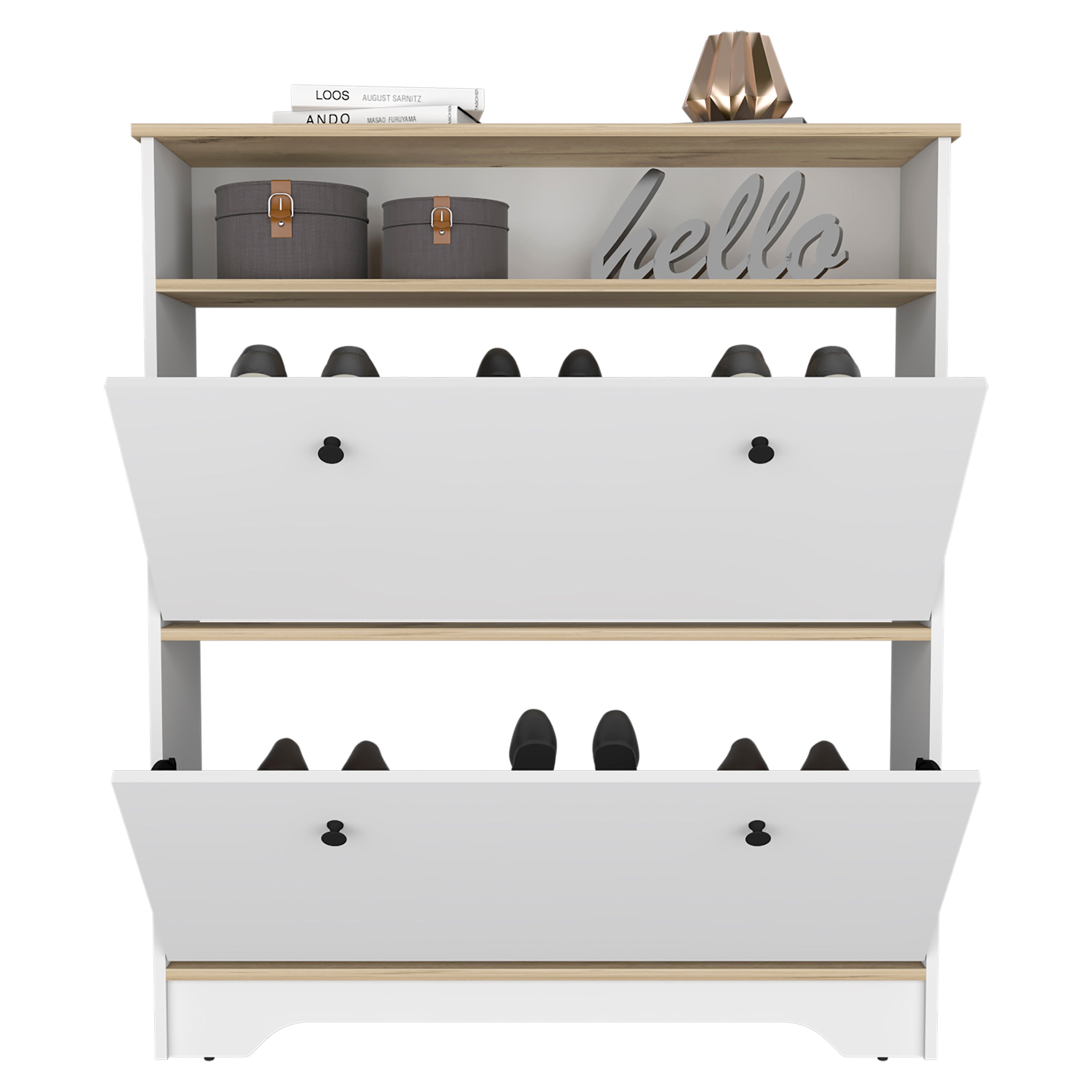 Shoe Rack Dublin, One Open Shelf, Two Extendable Cabinets, Light Oak / White Finish - Grand Goldman Shop